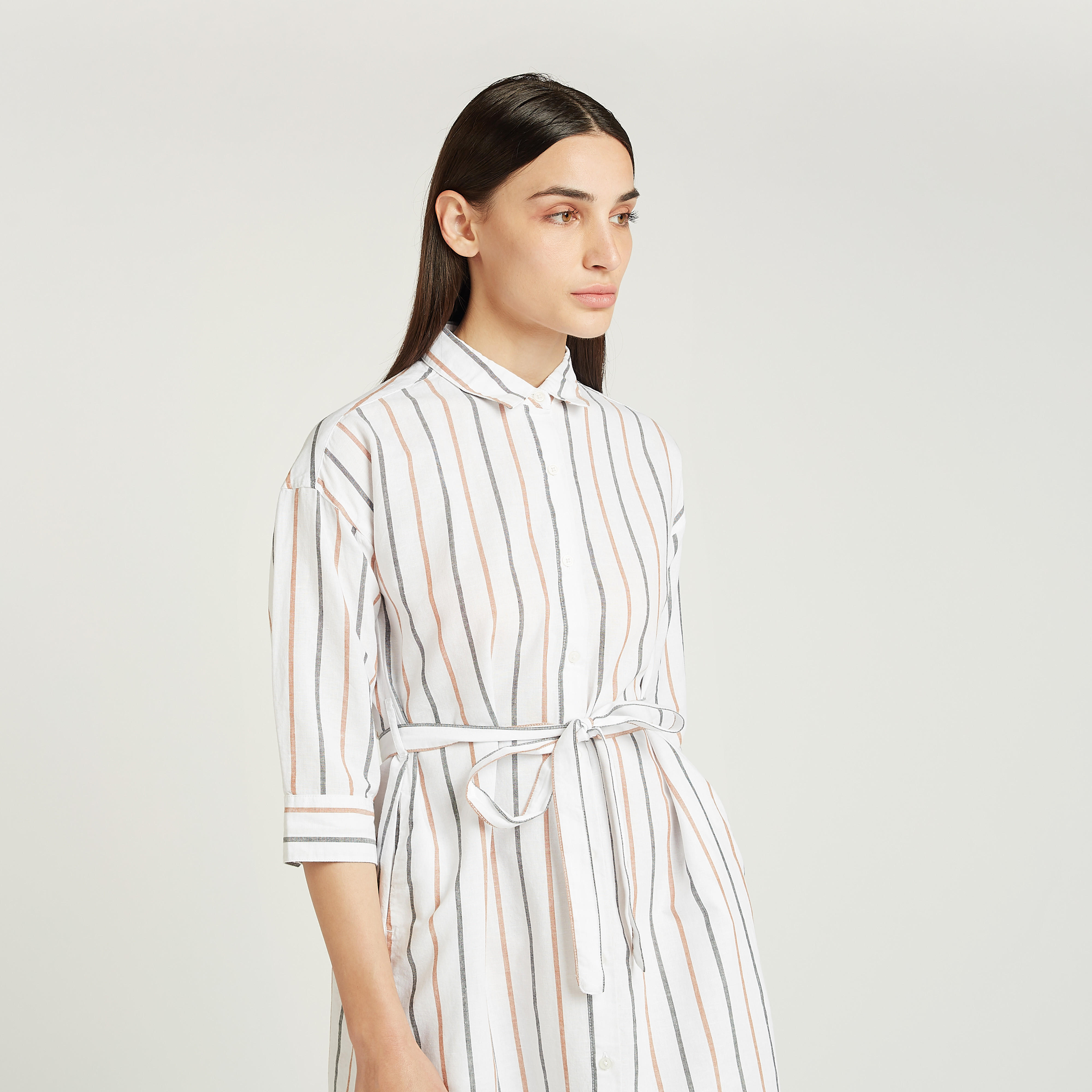 فستان قميص قصير مخطط بقصة سليم بجيوب واربطة-women-clothing-dresses-image-3