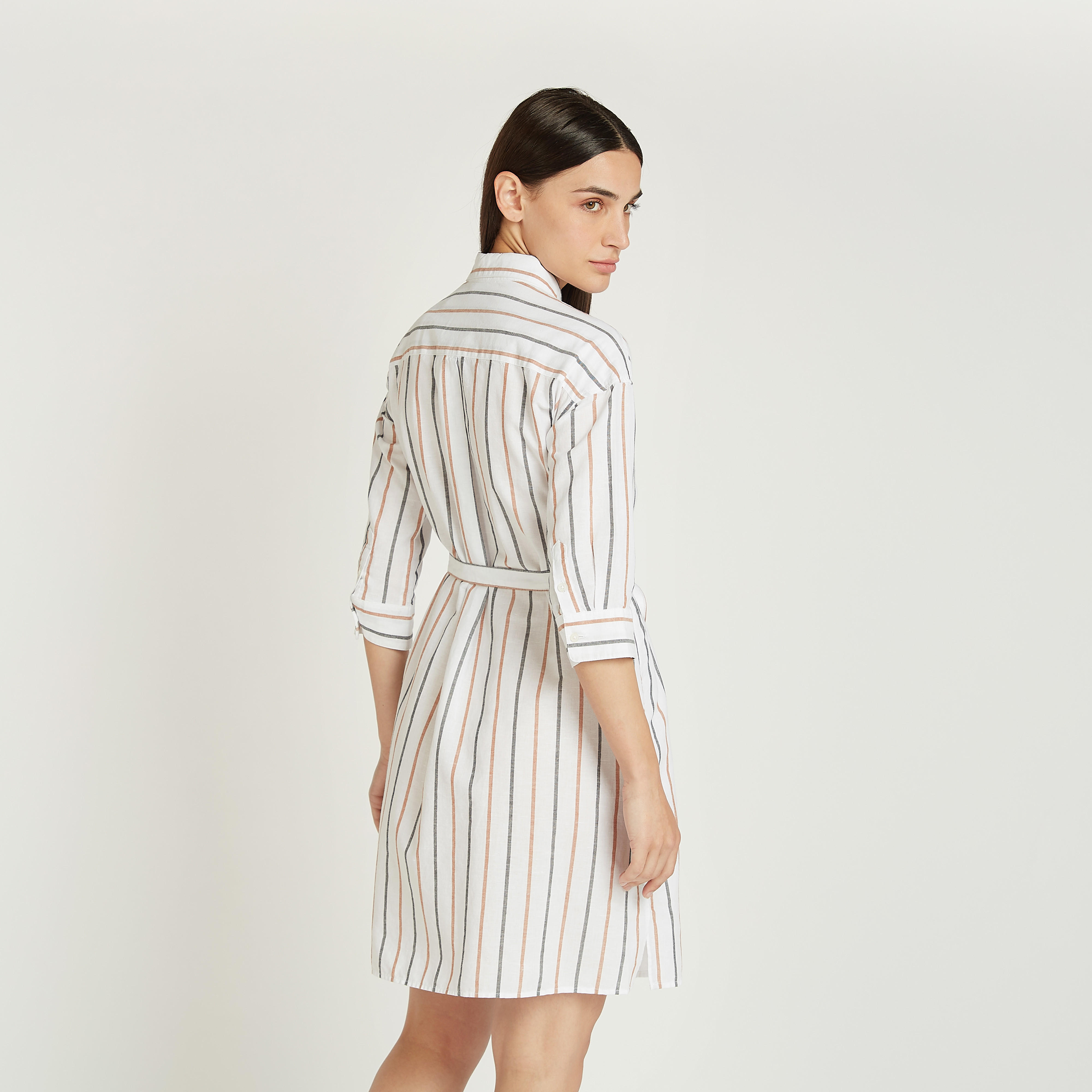 فستان قميص قصير مخطط بقصة سليم بجيوب واربطة-women-clothing-dresses-image-4
