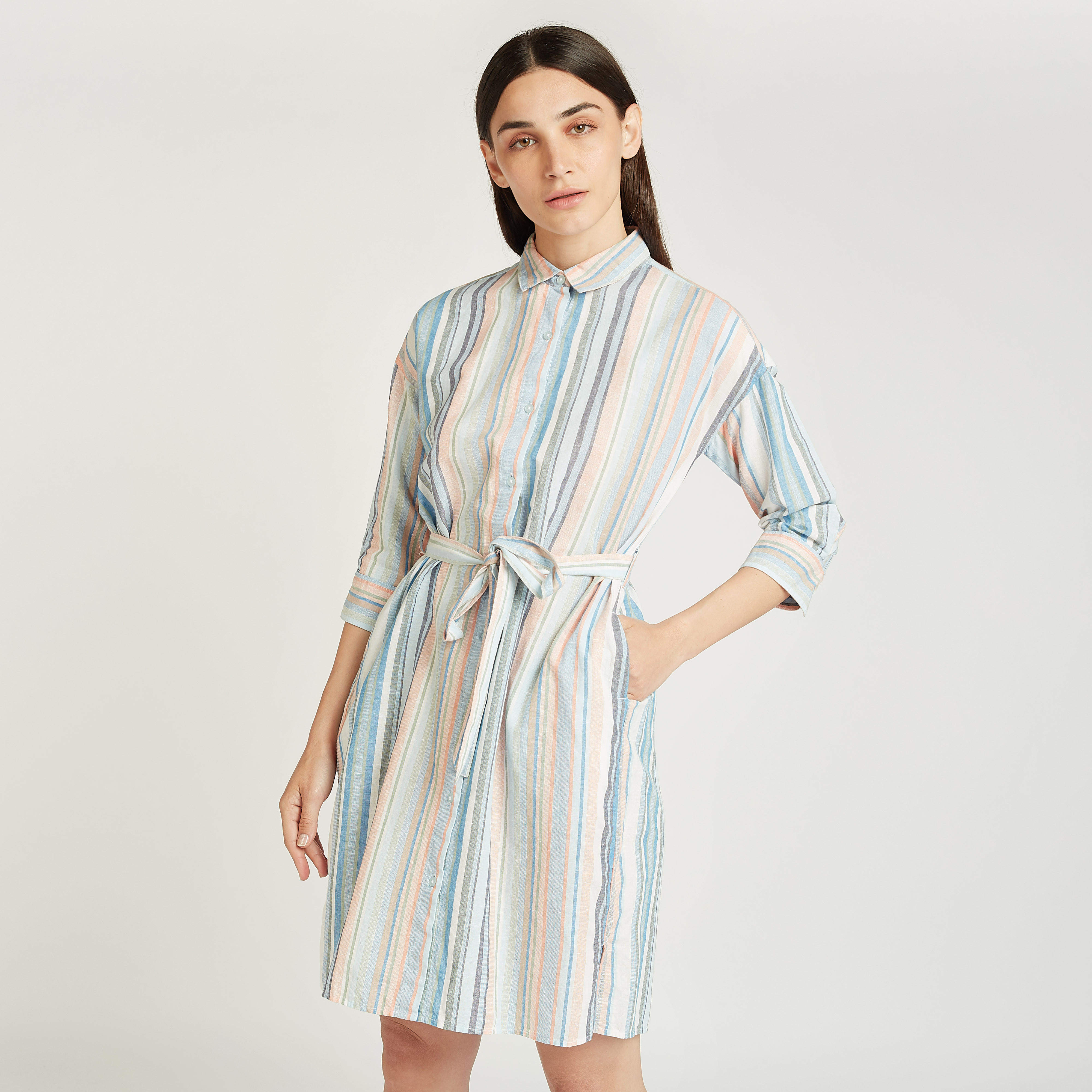 فستان قميص قصير مخطط بقصة سليم وجيوب وأربطة-women-clothing-dresses-image-1