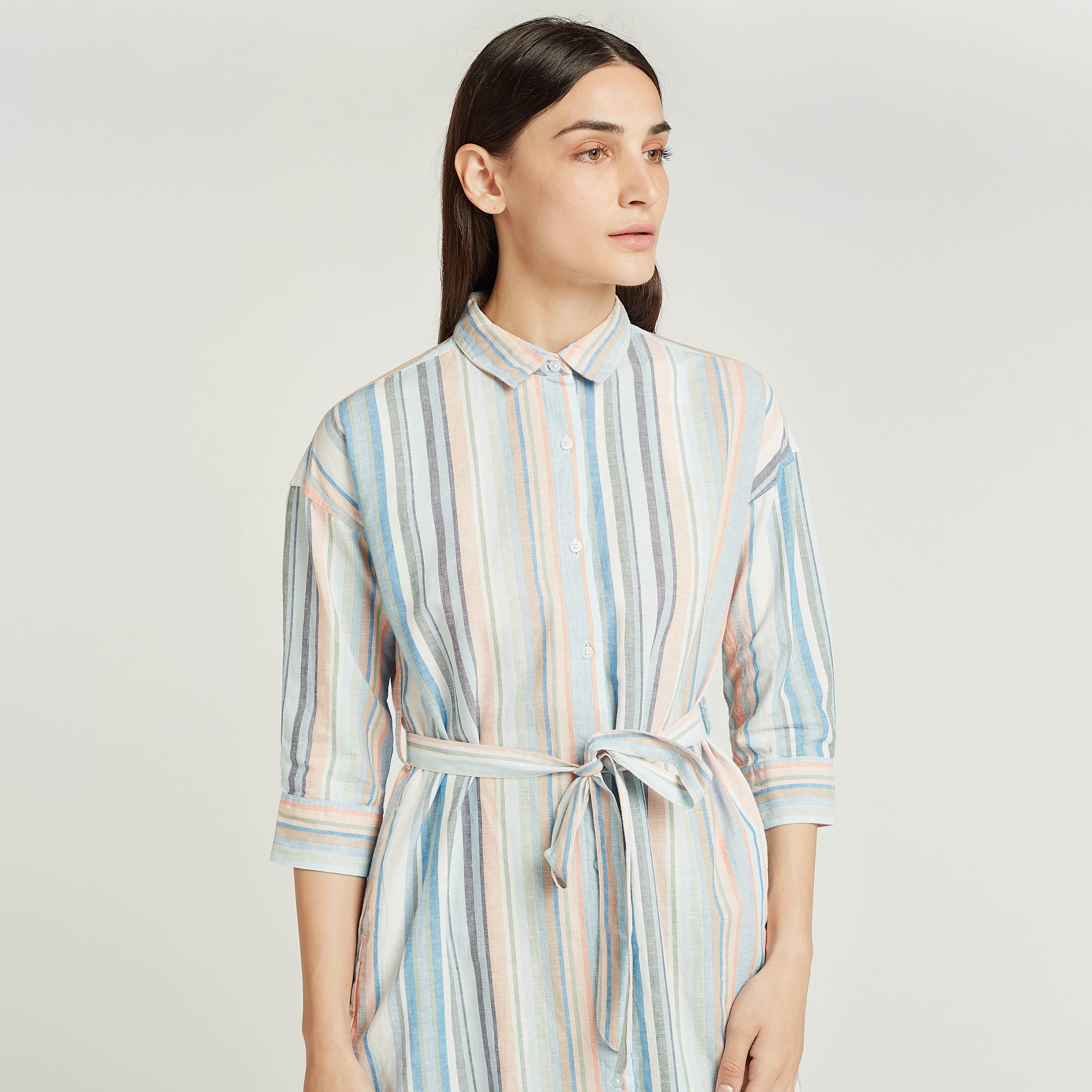 فستان قميص قصير مخطط بقصة سليم وجيوب وأربطة-women-clothing-dresses-image-3