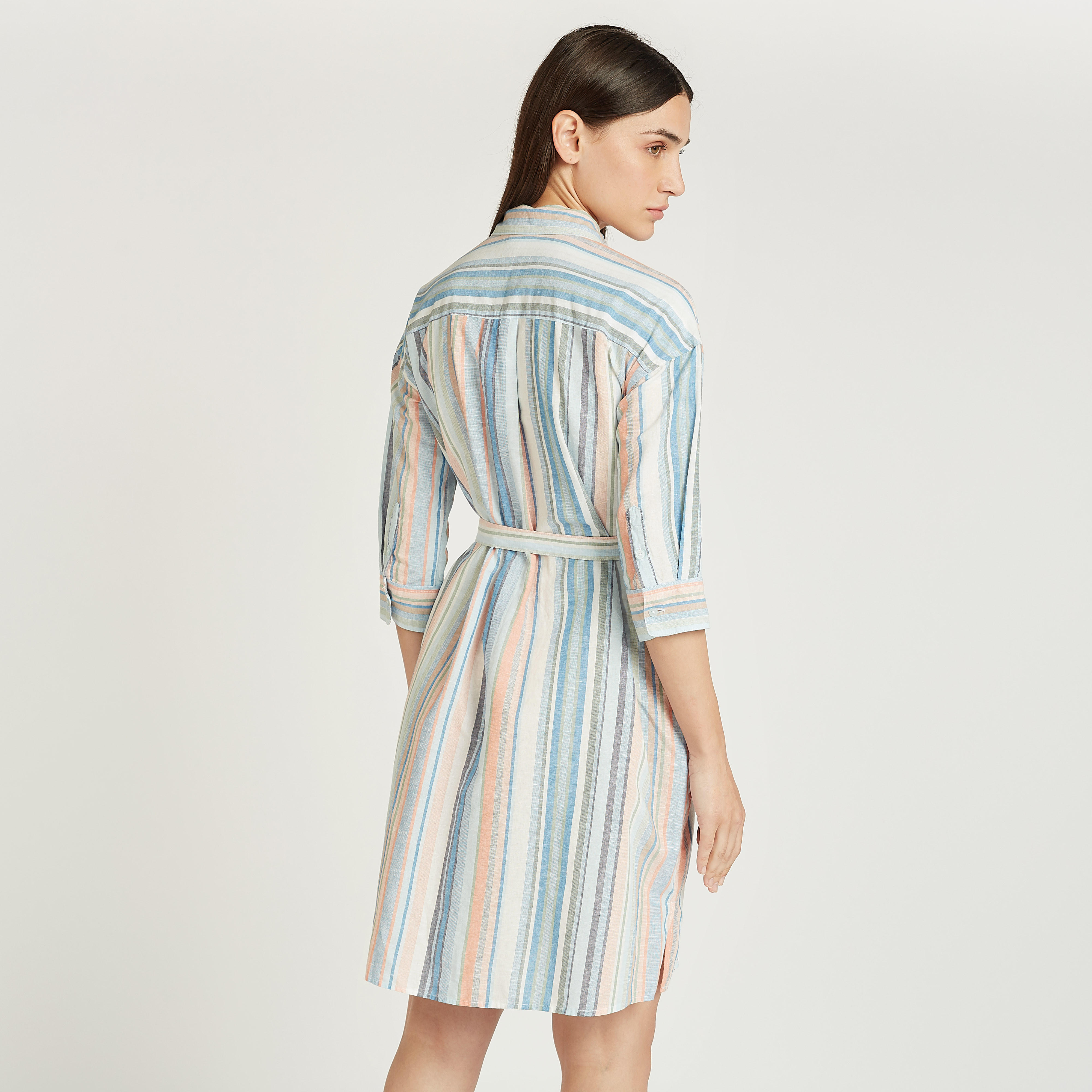 فستان قميص قصير مخطط بقصة سليم وجيوب وأربطة-women-clothing-dresses-image-4