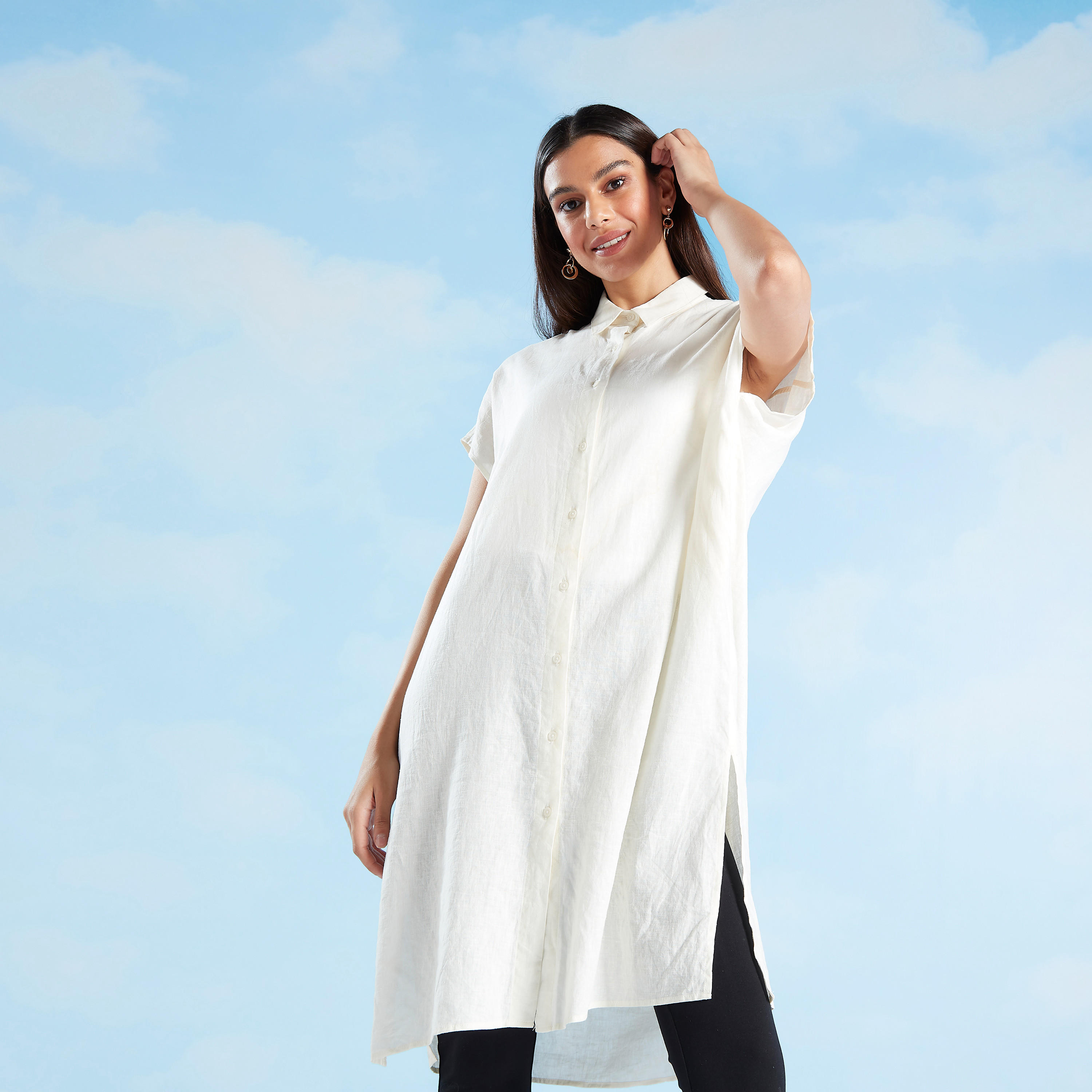 Slim Fit Solid Midi Shirt Dress with Spread Collar and Extended Sleeve-women-clothing-dresses-image-1