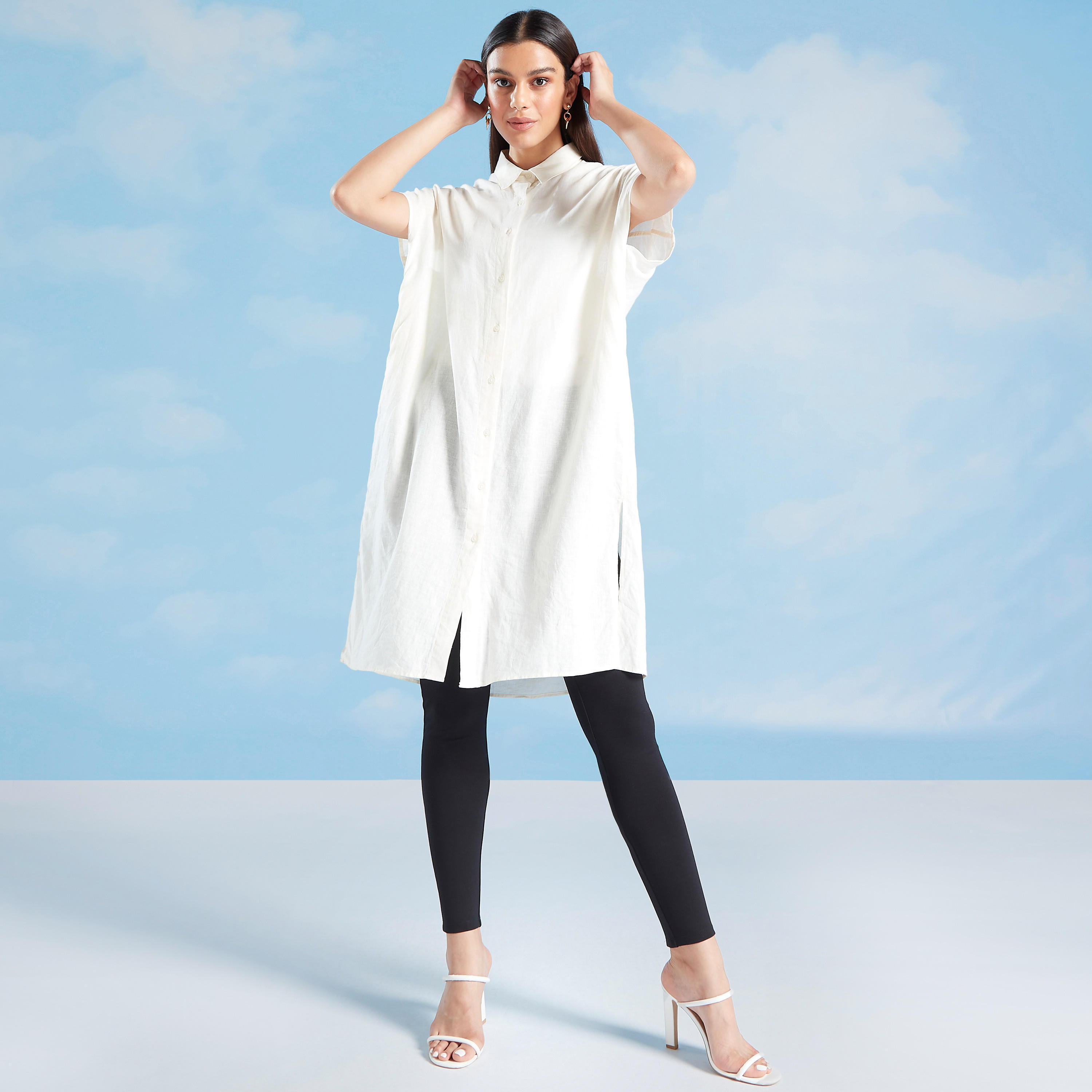 Slim Fit Solid Midi Shirt Dress with Spread Collar and Extended Sleeve-women-clothing-dresses-image-2