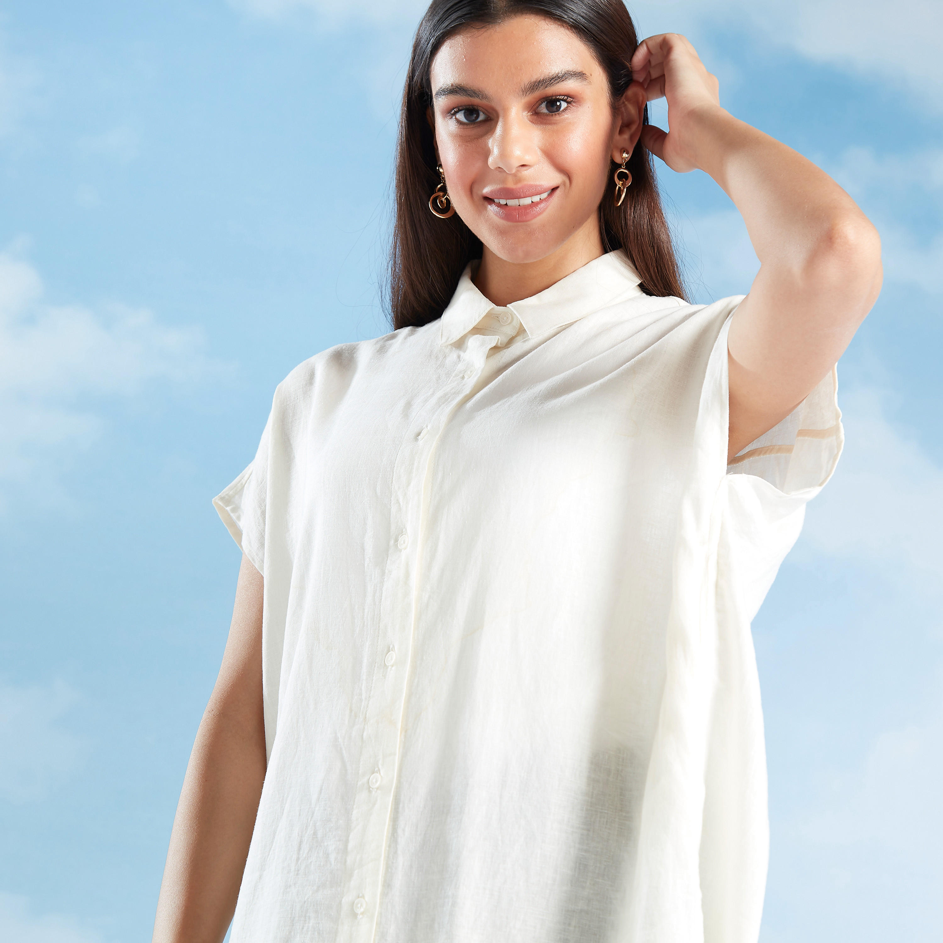 Slim Fit Solid Midi Shirt Dress with Spread Collar and Extended Sleeve-women-clothing-dresses-image-3
