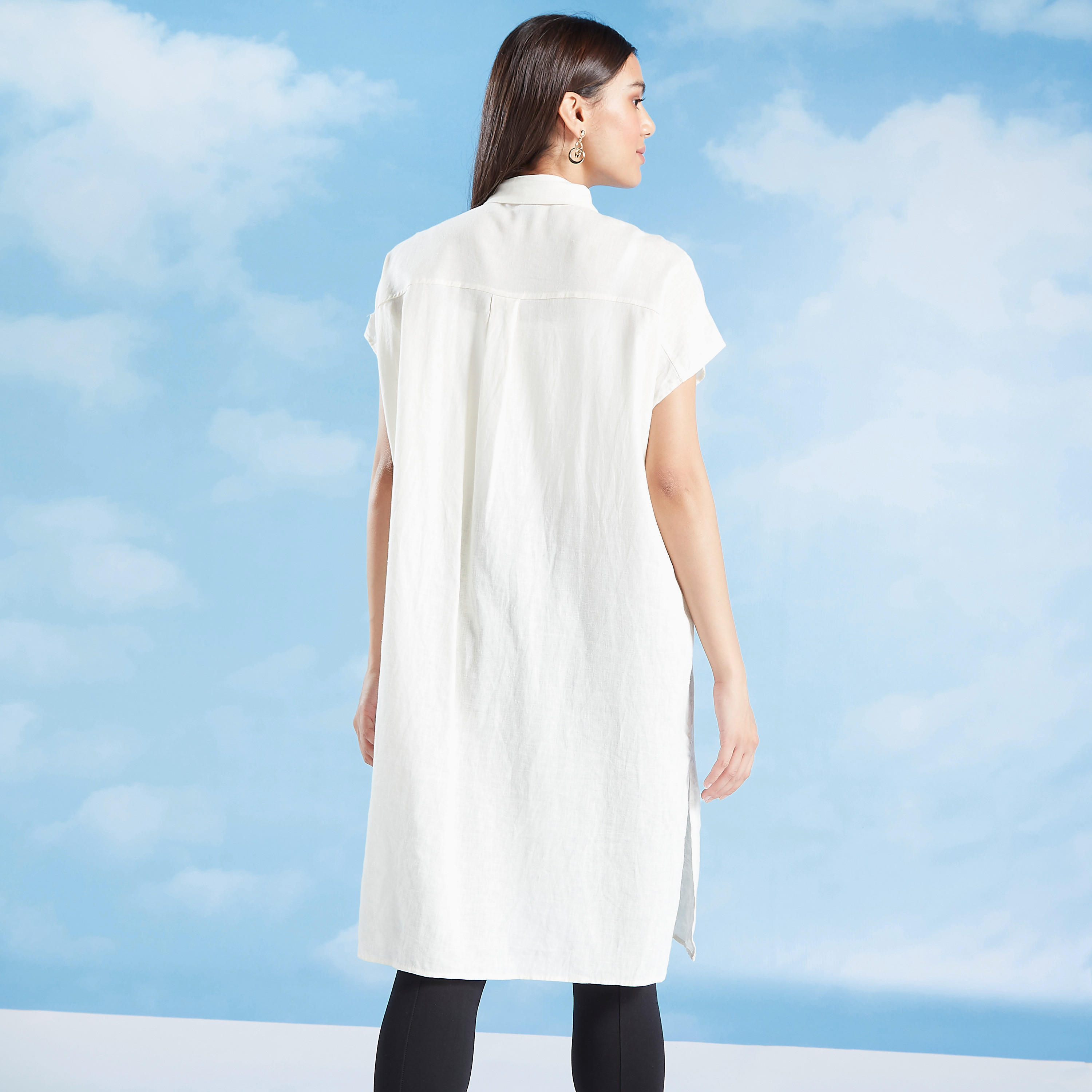 Slim Fit Solid Midi Shirt Dress with Spread Collar and Extended Sleeve-women-clothing-dresses-image-4