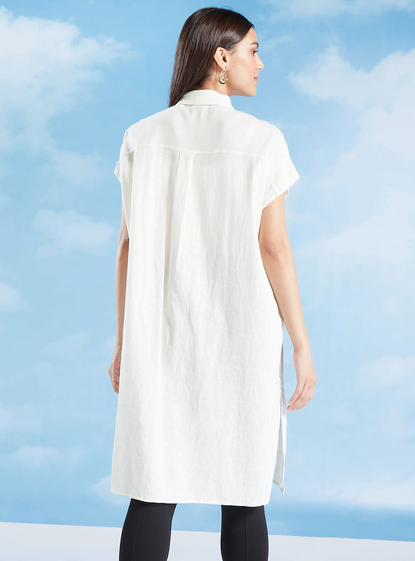 Slim Fit Solid Midi Shirt Dress with Spread Collar and Extended Sleeve-women-clothing-dresses-image-4