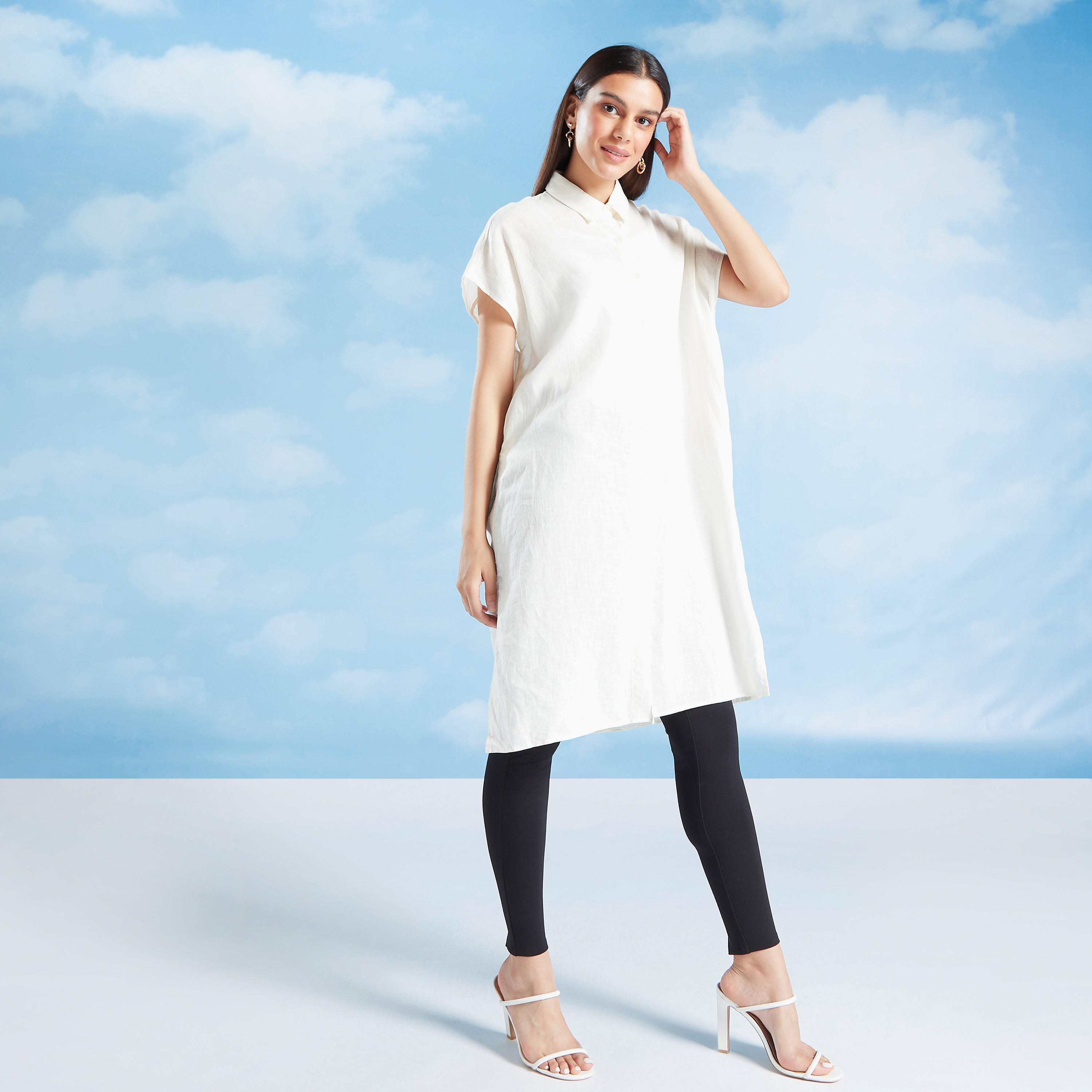 Slim Fit Solid Midi Shirt Dress with Spread Collar and Extended Sleeve-women-clothing-dresses-image-5