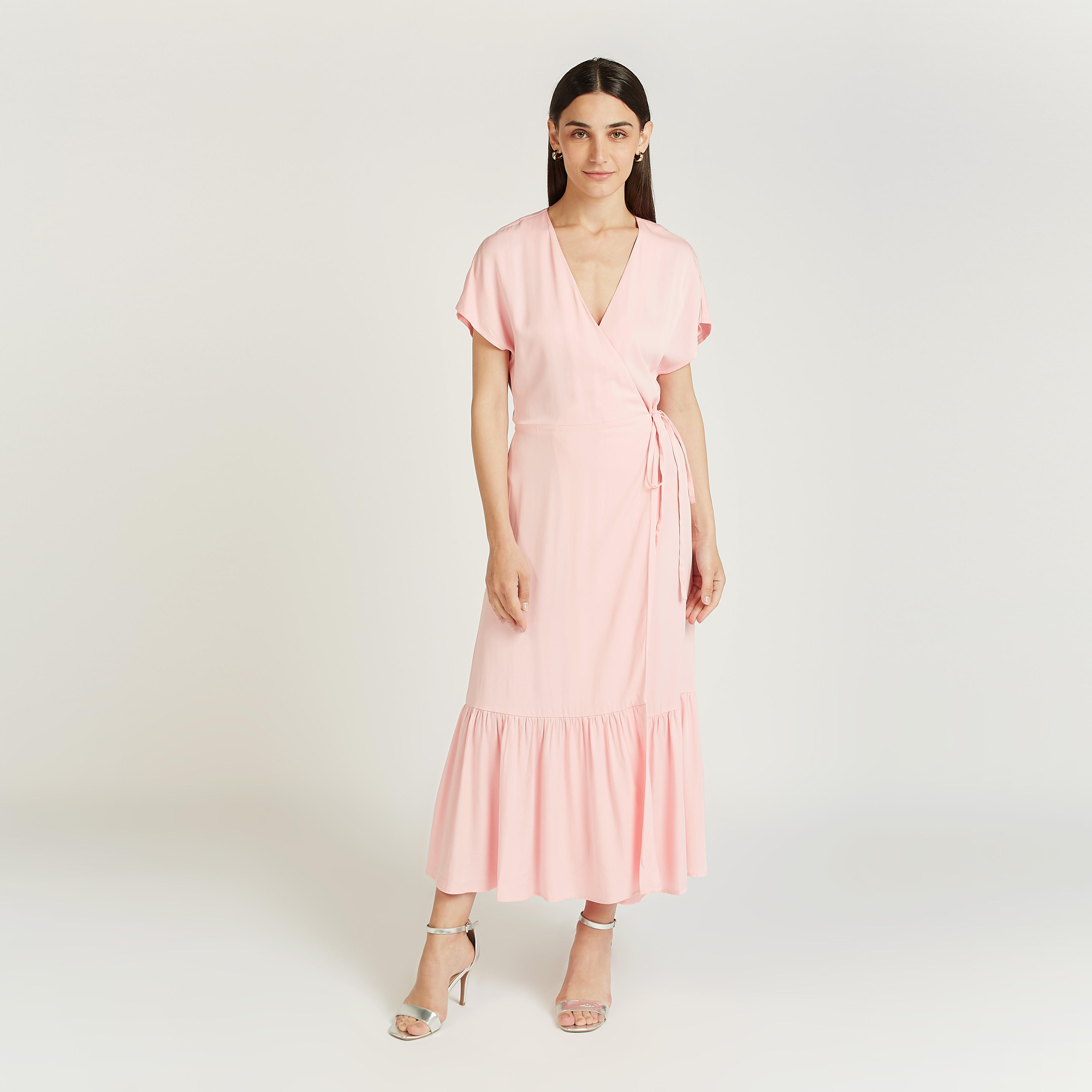 Solid Midi Dress with V-neck and Tie Ups-women-clothing-dresses-image-1