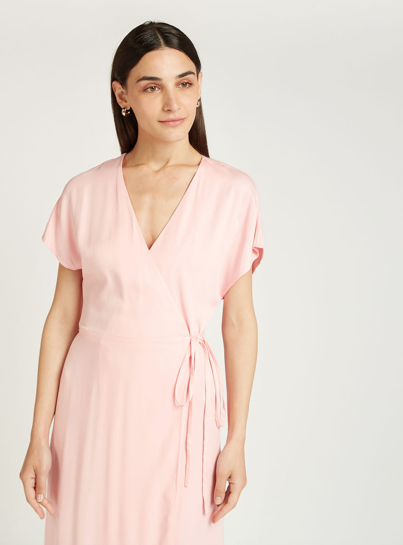 Solid Midi Dress with V-neck and Tie Ups-women-clothing-dresses-image-4