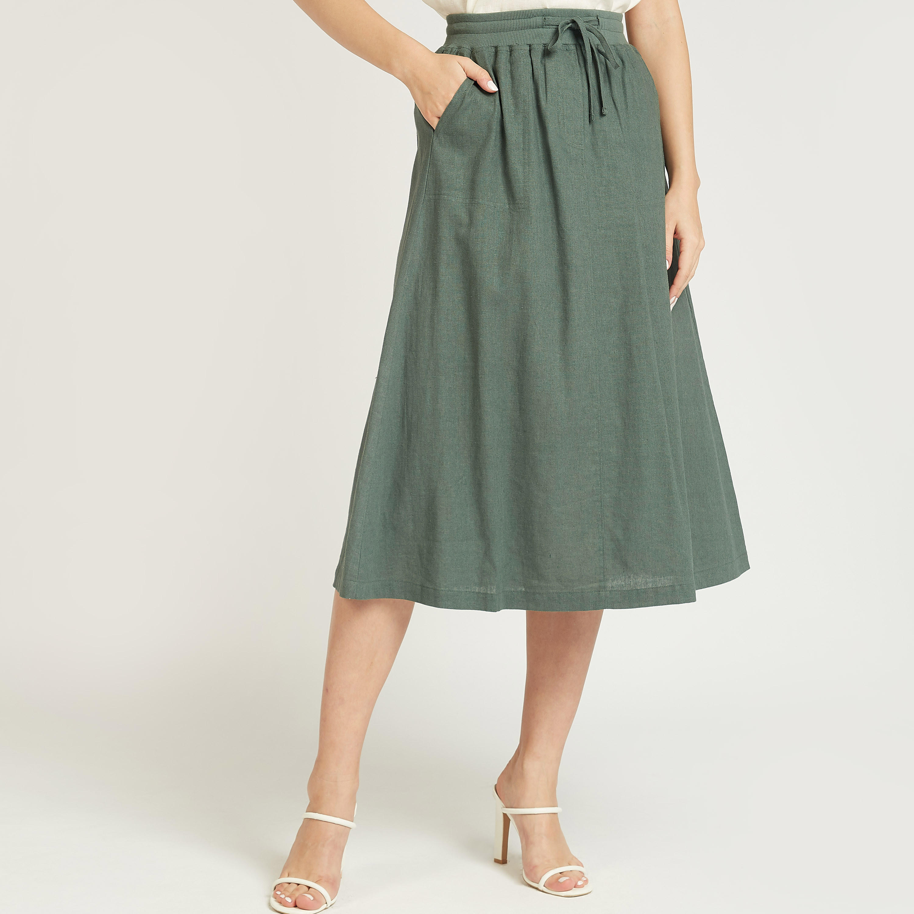 Slim Fit Solid Midi Skirt with Pocket Detail and Drawstring-women-clothing-bottoms-skirts-image-1