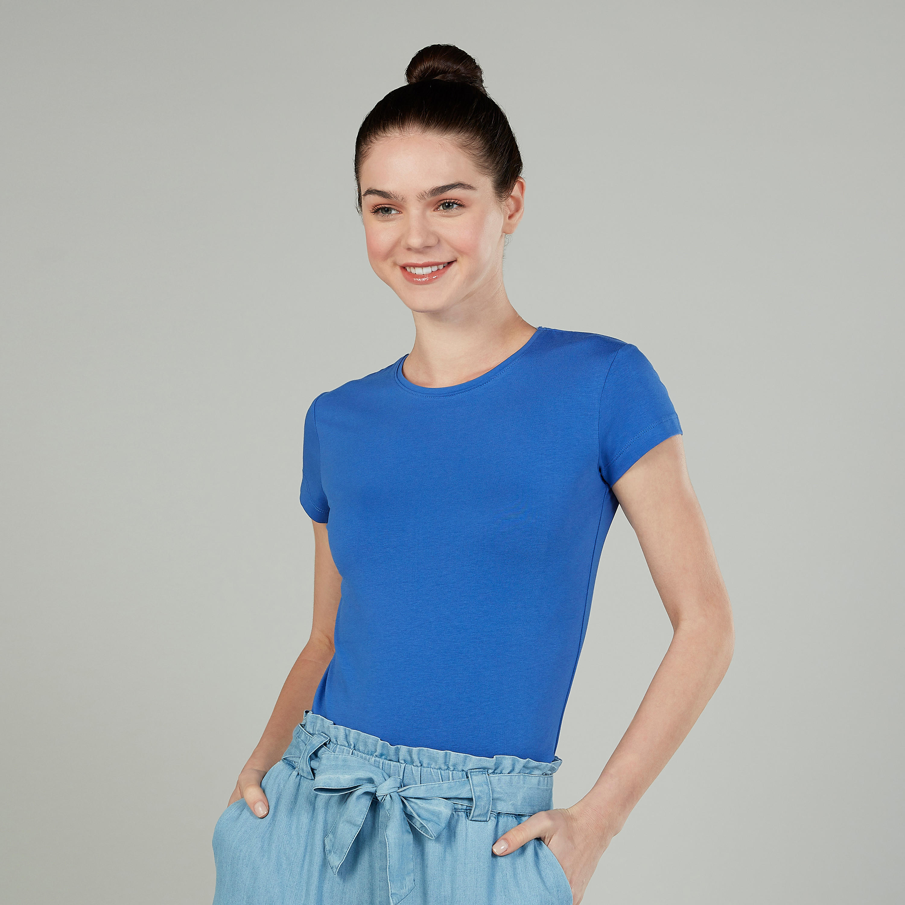 Solid T-shirt with Crew Neck and Cap Sleeves-women-clothing-tshirts-image-1
