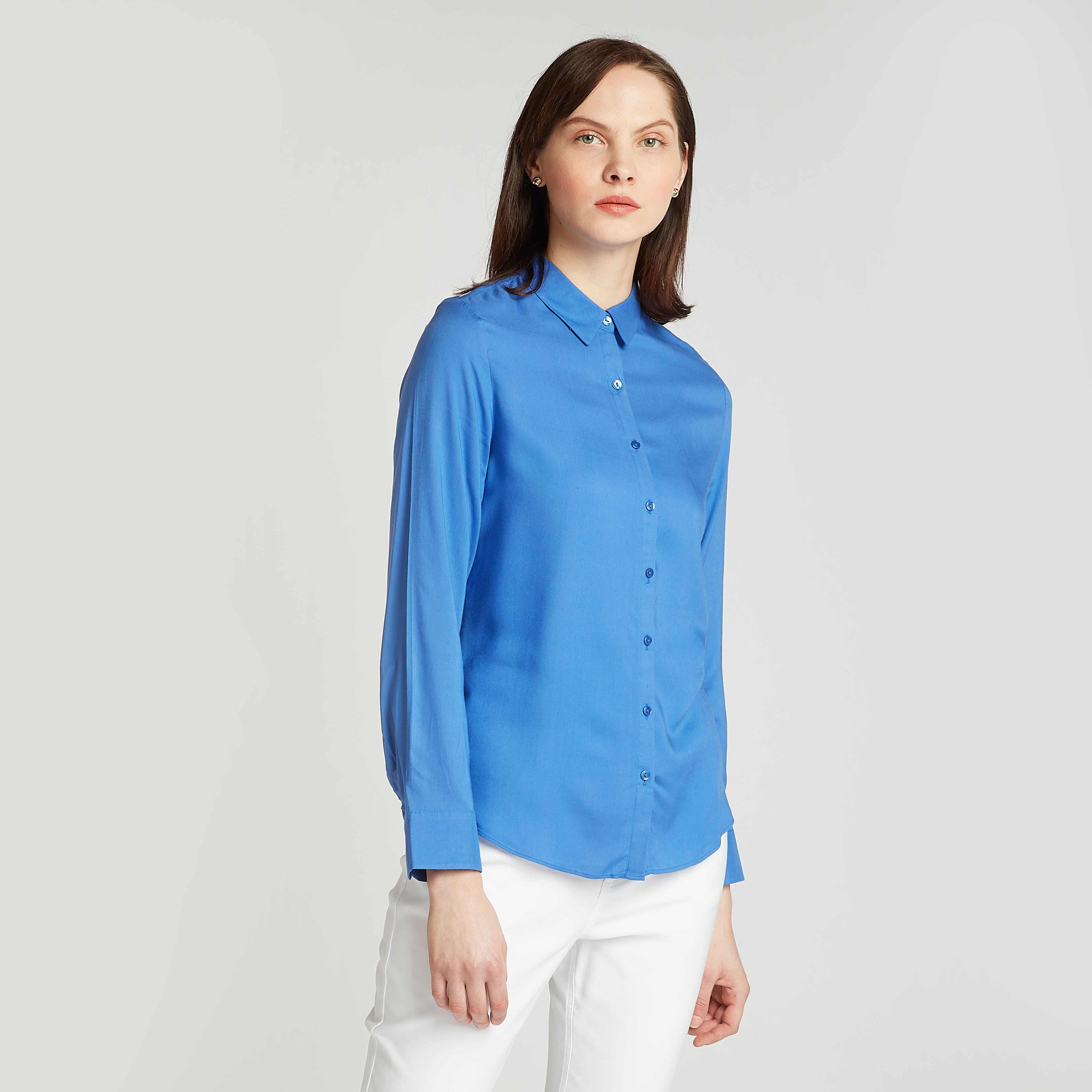 Solid Shirt with Spread Collar and Long Sleeves-women-clothing-shirtsandblouses-shirts-image-1