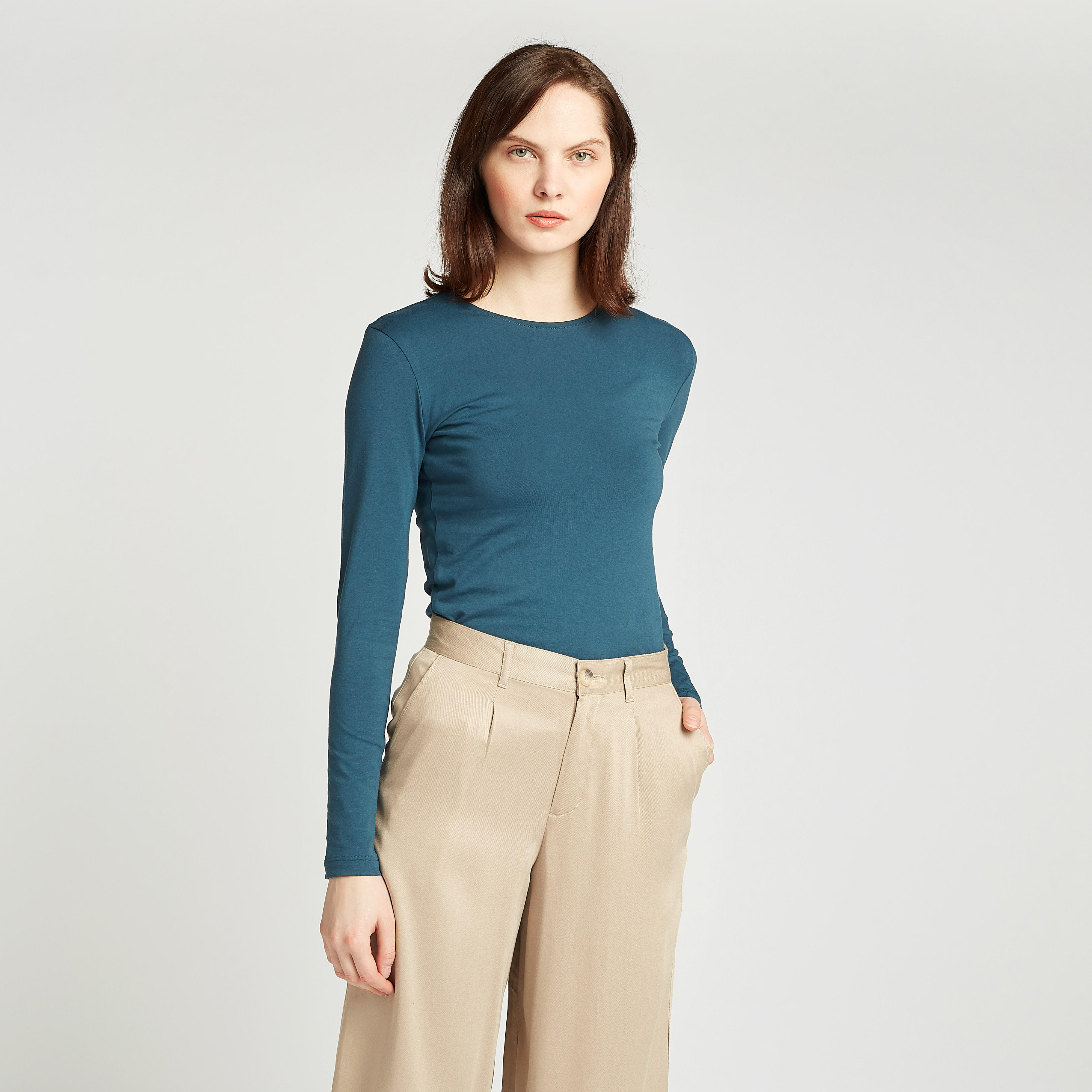 Solid T-shirt with Crew Neck and Long Sleeves-women-clothing-tshirts-image-1