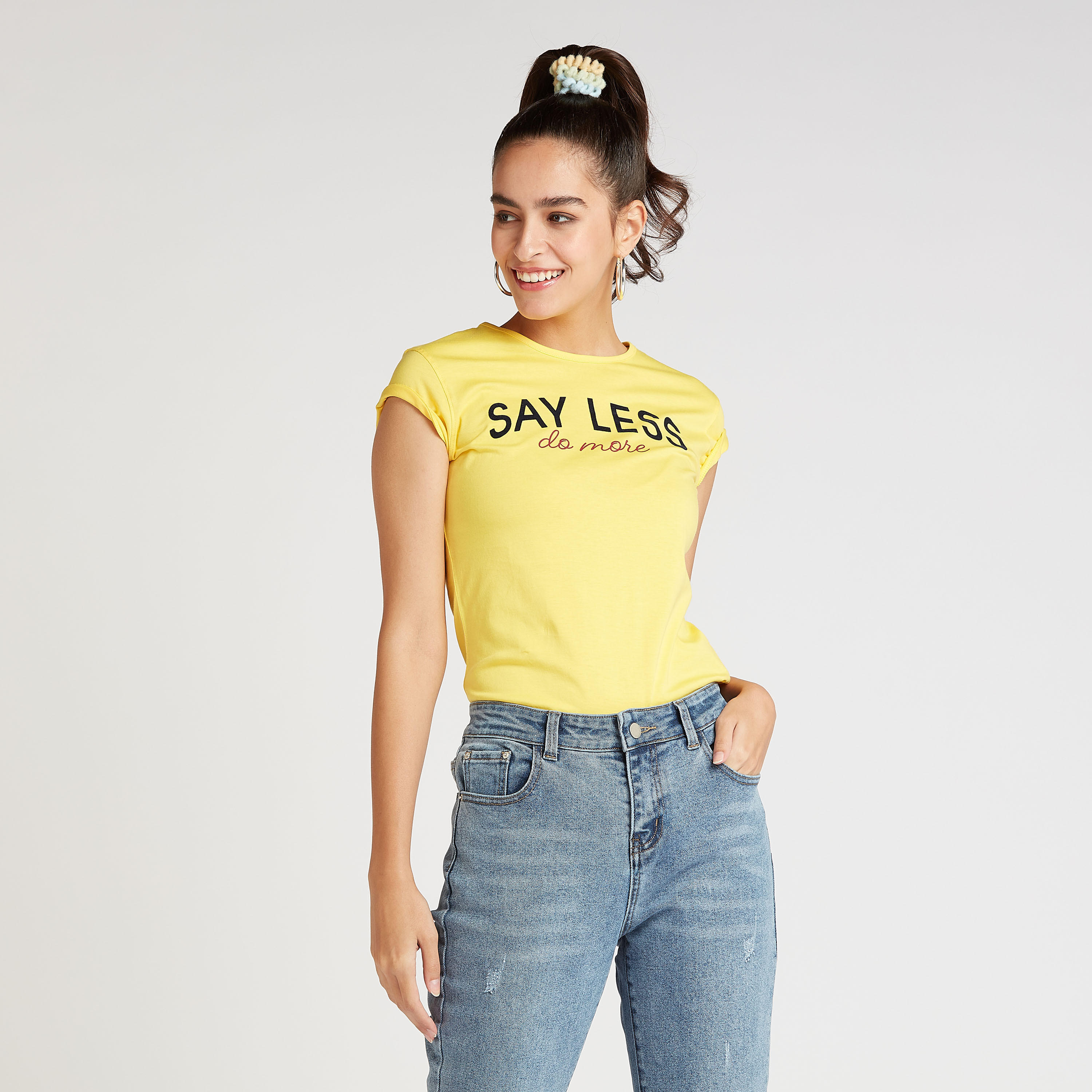 Slim Fit Typographic Print T-shirt with Crew Neck and Cap Sleeves-women-clothing-tshirts-image-1