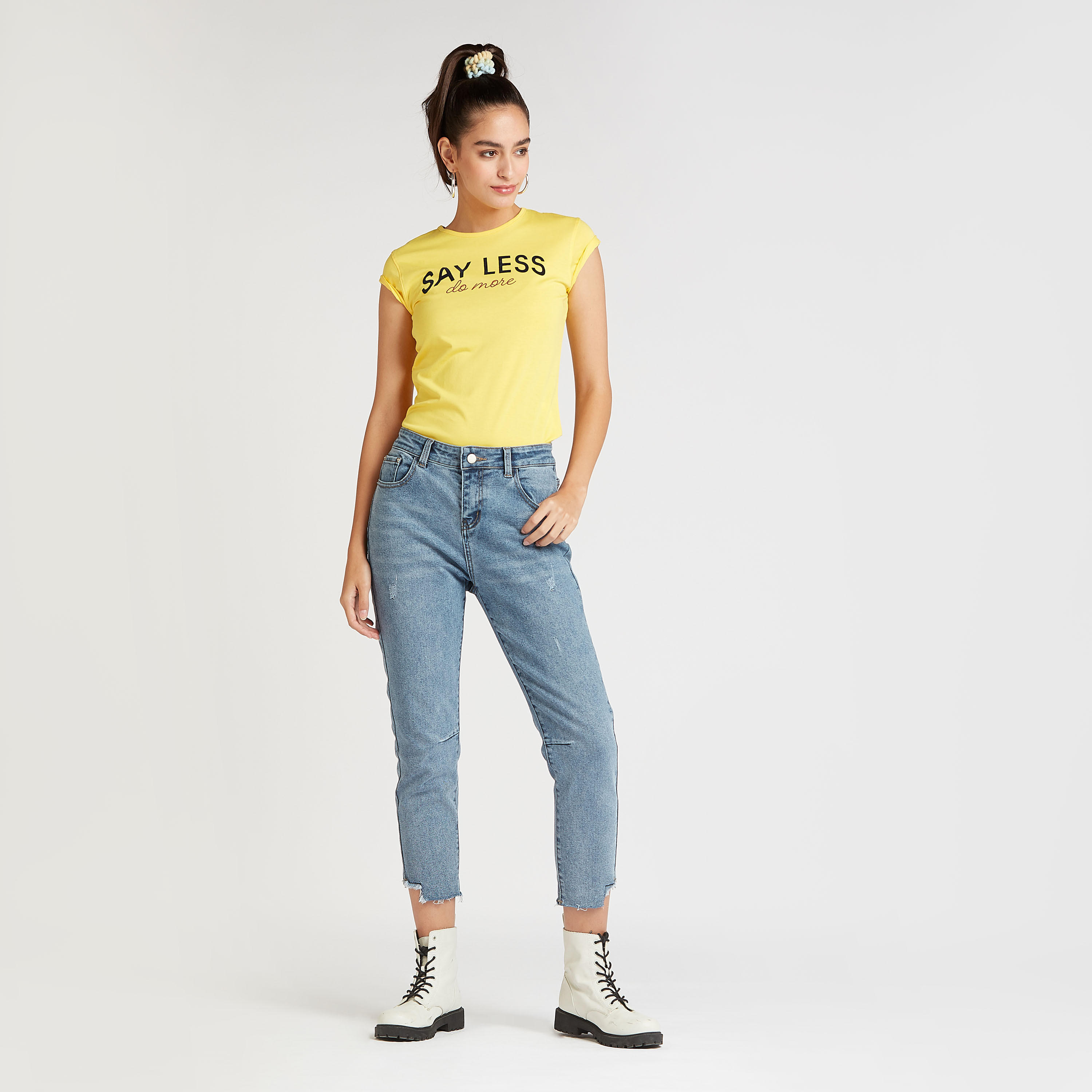 Slim Fit Typographic Print T-shirt with Crew Neck and Cap Sleeves-women-clothing-tshirts-image-2