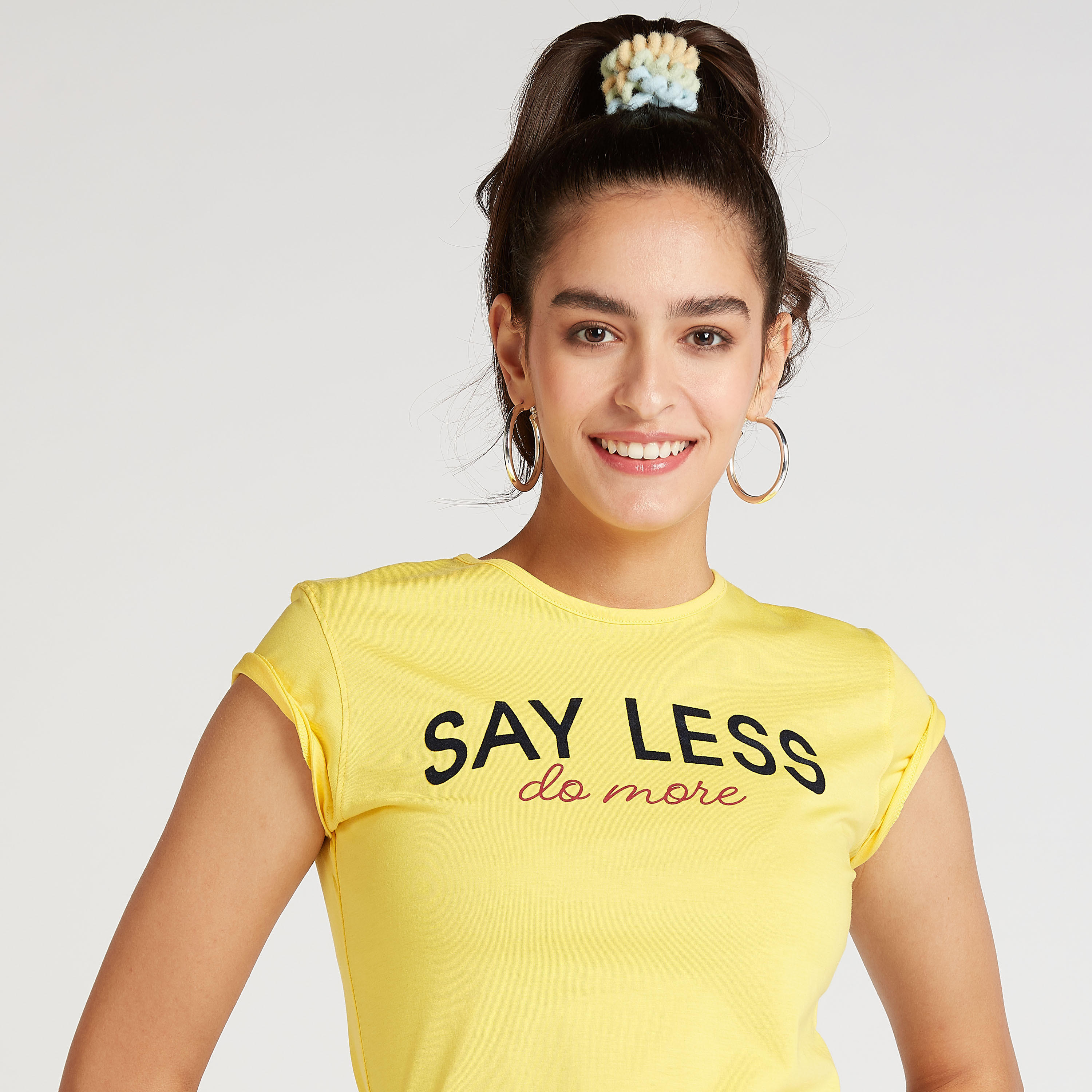 Slim Fit Typographic Print T-shirt with Crew Neck and Cap Sleeves-women-clothing-tshirts-image-3