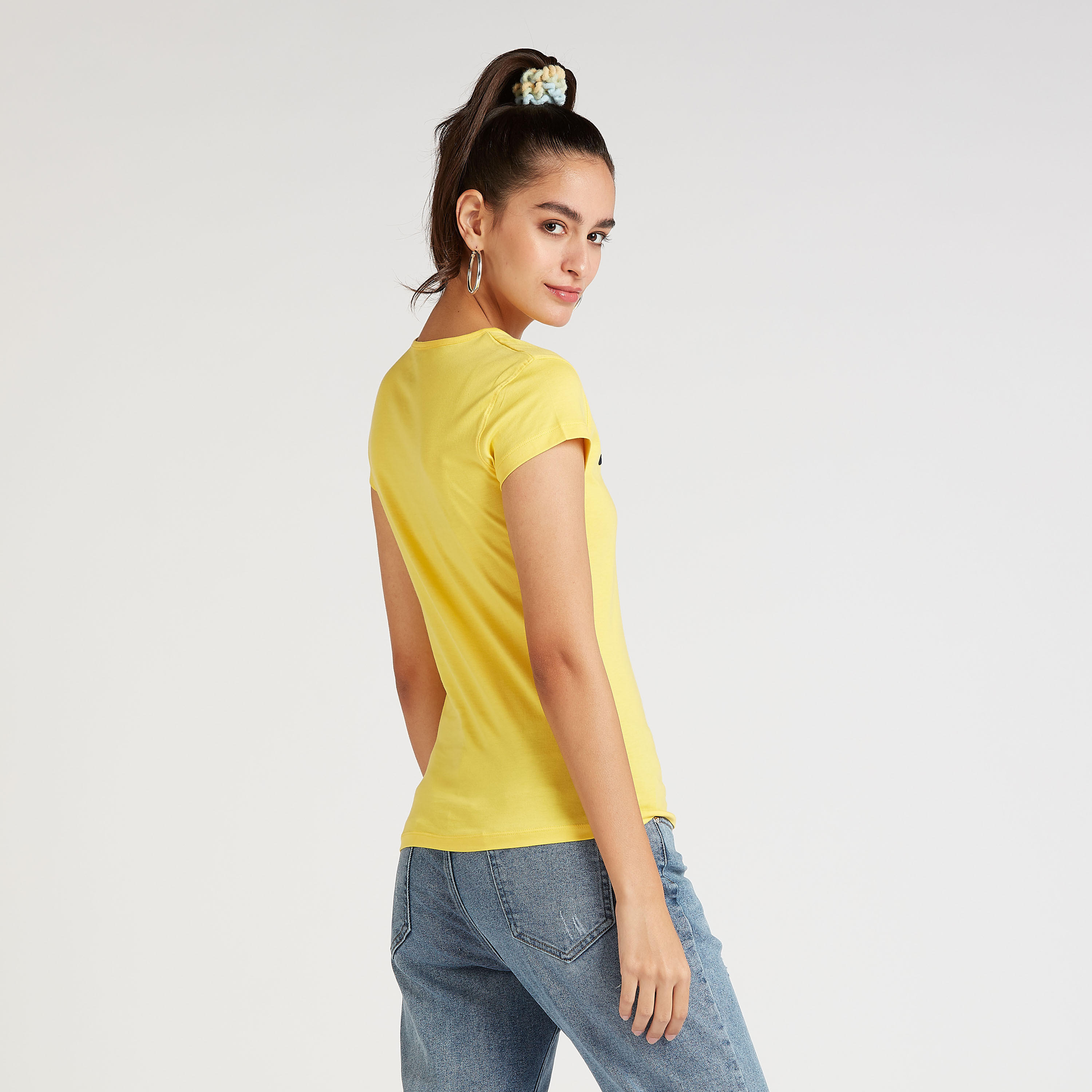 Slim Fit Typographic Print T-shirt with Crew Neck and Cap Sleeves-women-clothing-tshirts-image-4