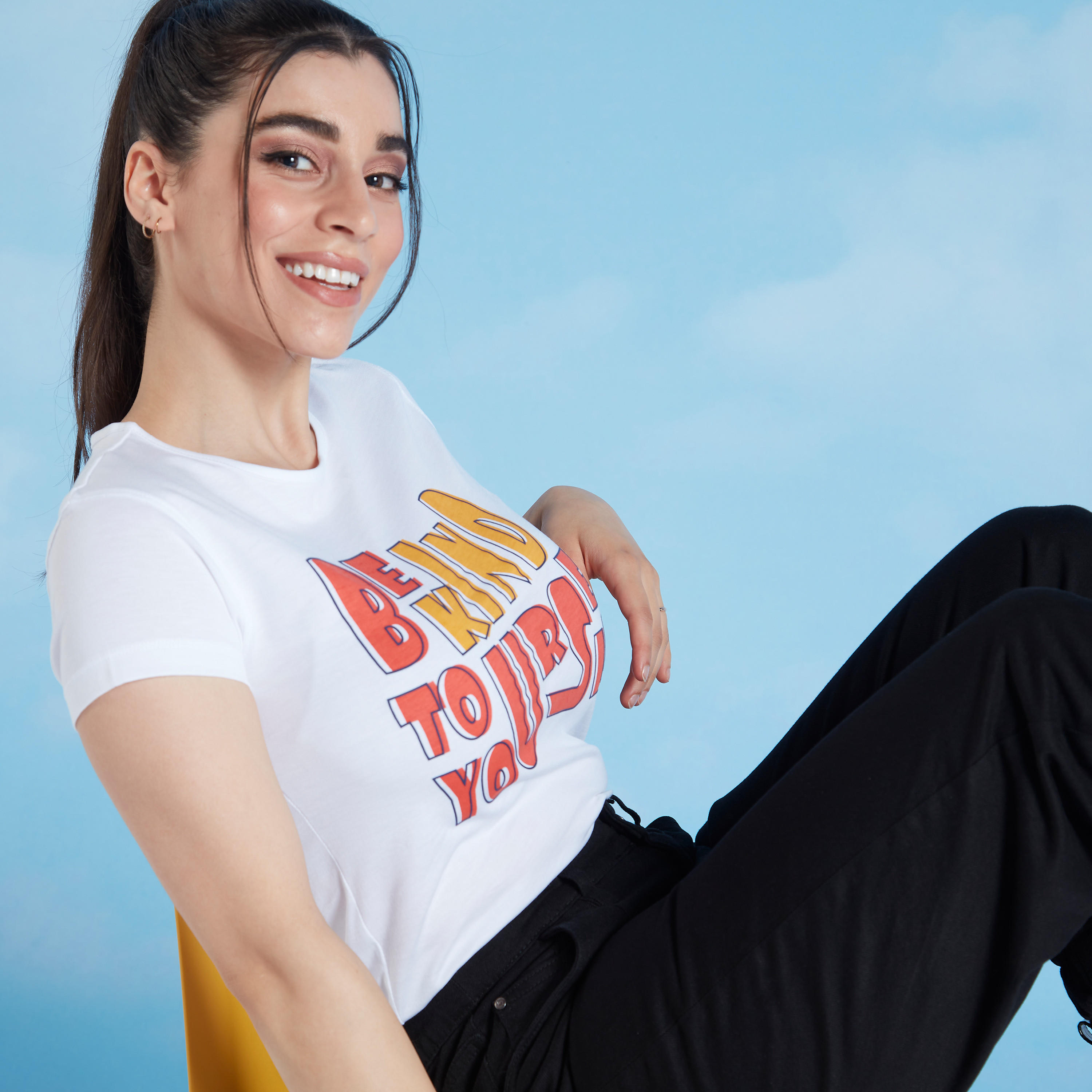Slim Fit Printed T-shirt with Crew Neck and Cap Sleeves-women-clothing-tshirts-image-1