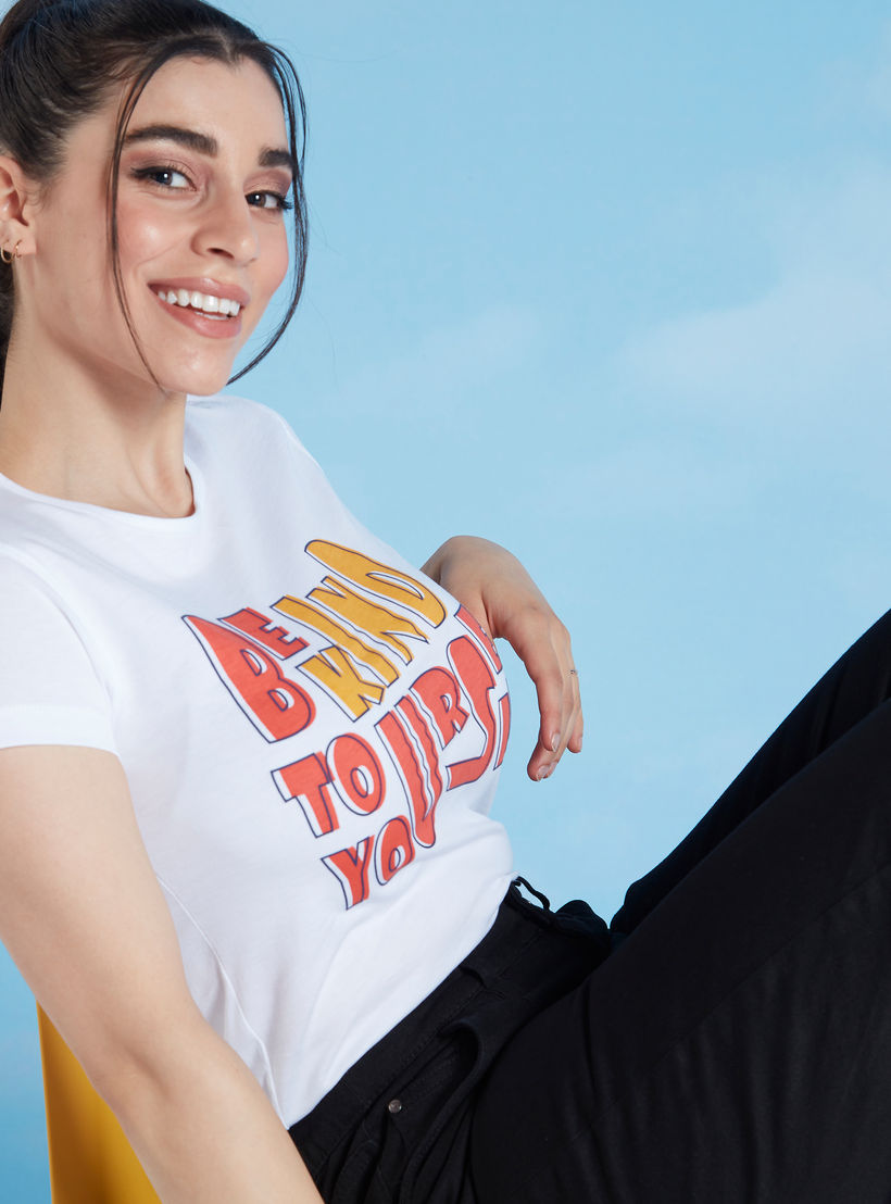 Slim Fit Printed T-shirt with Crew Neck and Cap Sleeves-women-clothing-tshirts-image-1