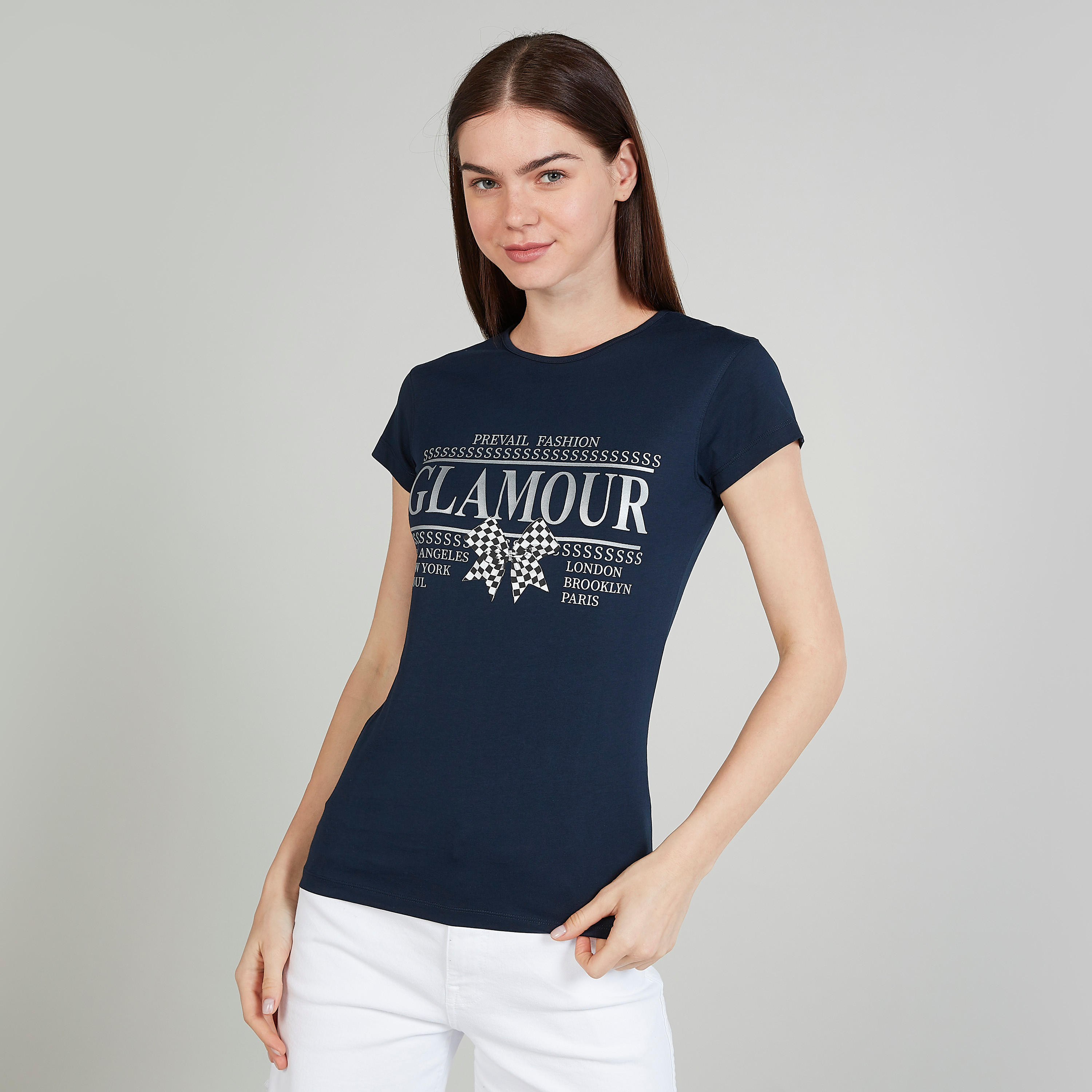 تيشيرت سليم بطبعات بياقة ضيّقة وأكمام كاب-women-clothing-tshirts-image-1