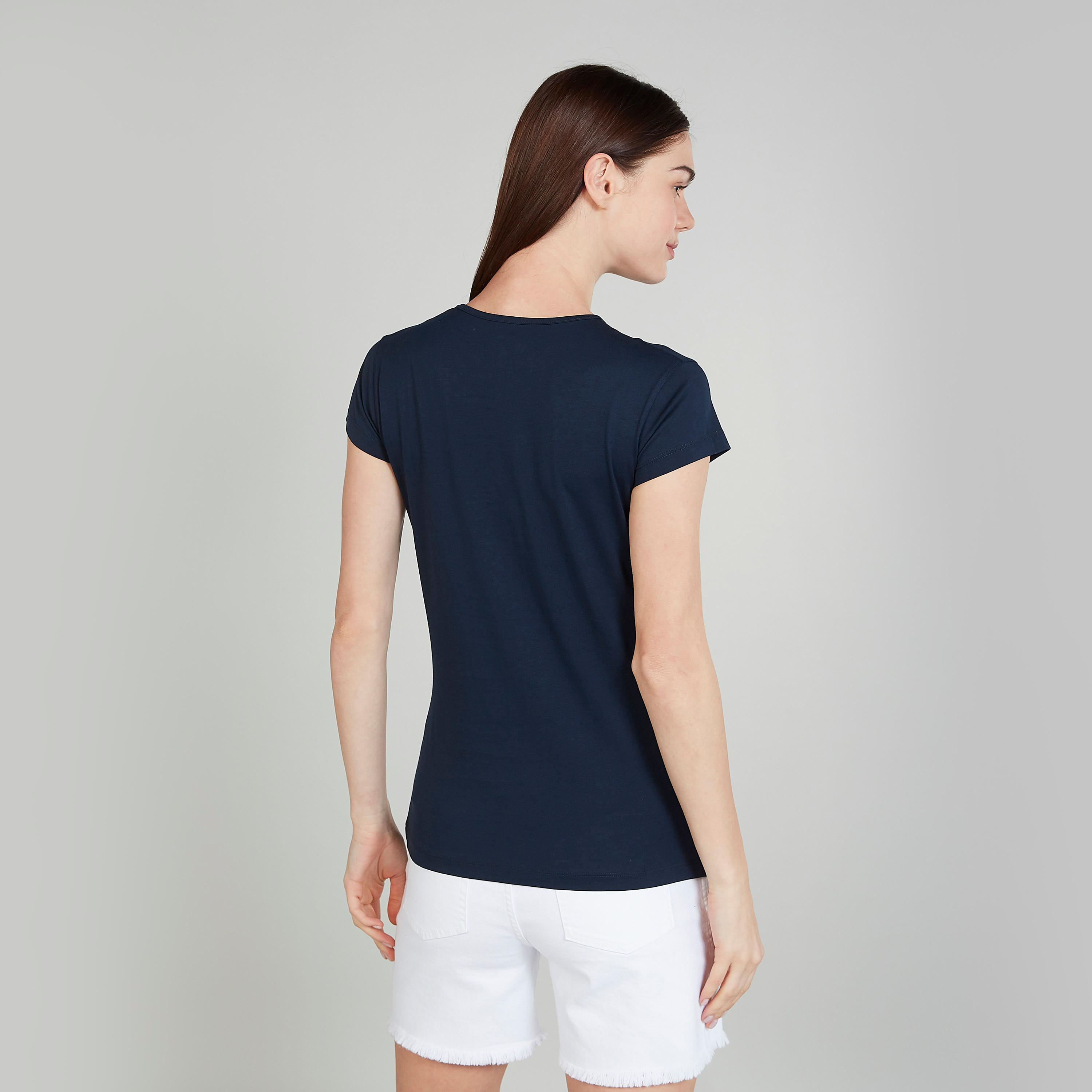 تيشيرت سليم بطبعات بياقة ضيّقة وأكمام كاب-women-clothing-tshirts-image-4