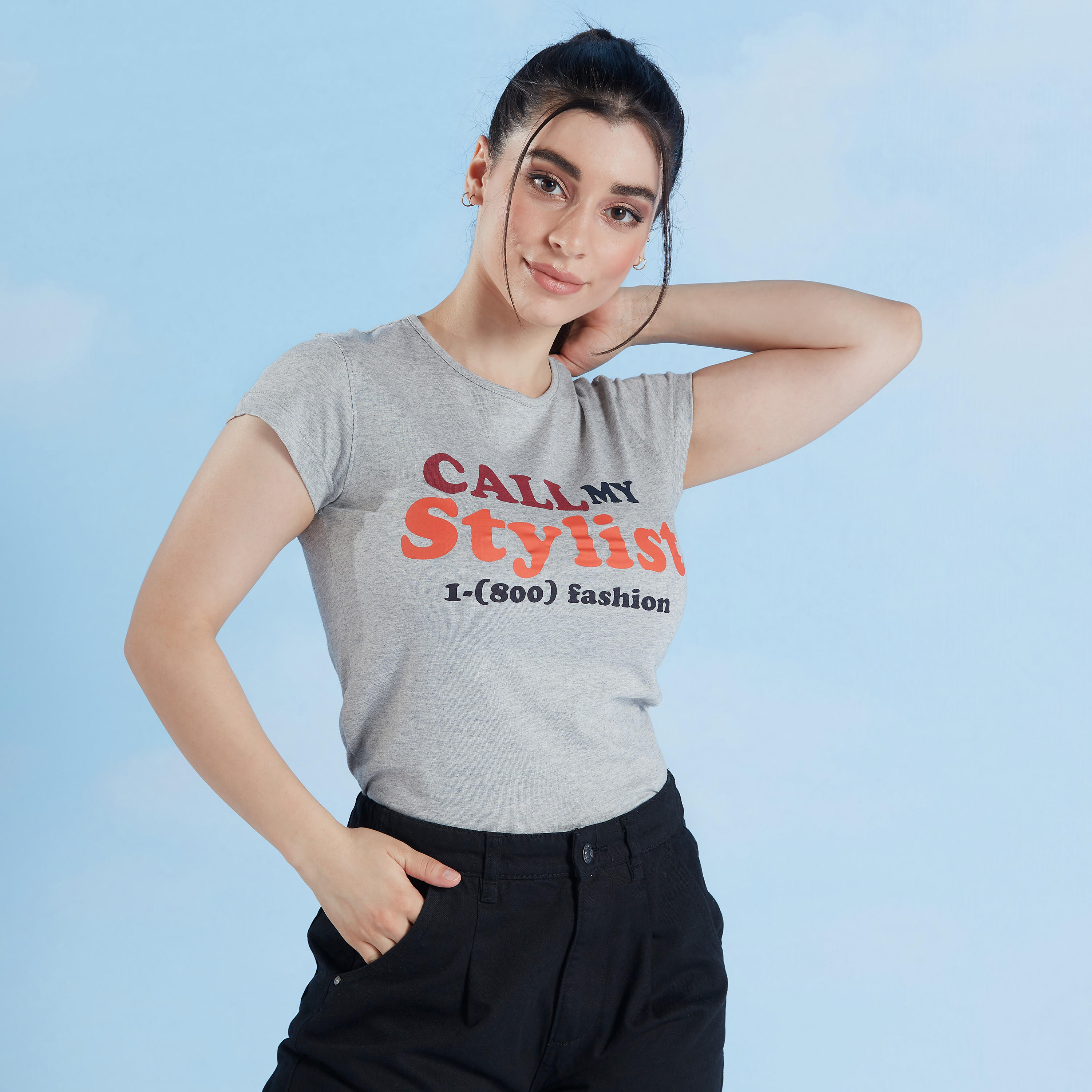 Slim Fit Printed T-shirt with Crew Neck and Cap Sleeves-women-clothing-tshirts-image-1