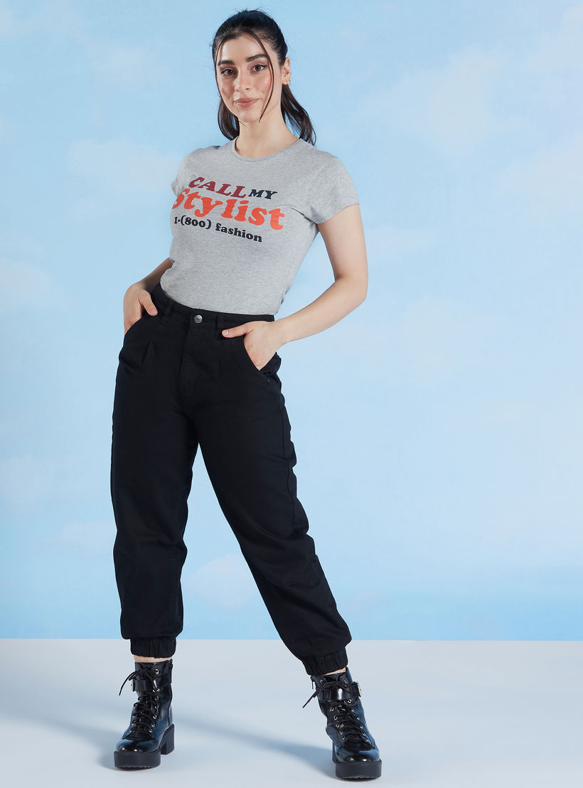 Slim Fit Printed T-shirt with Crew Neck and Cap Sleeves-women-clothing-tshirts-image-2