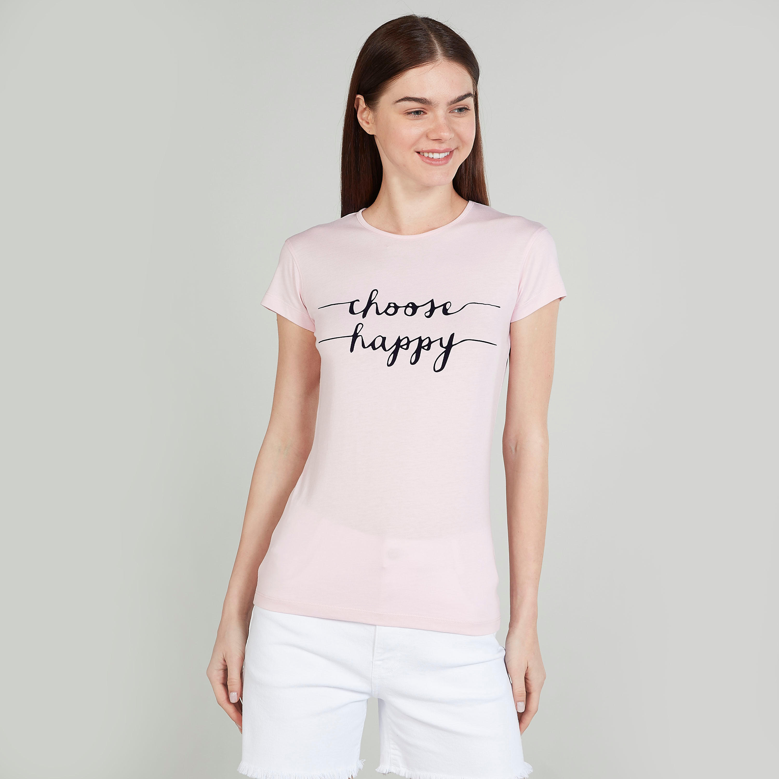 تيشيرت سليم بطبعات وياقة ضيّقة وأكمام كاب-women-clothing-tshirts-image-1