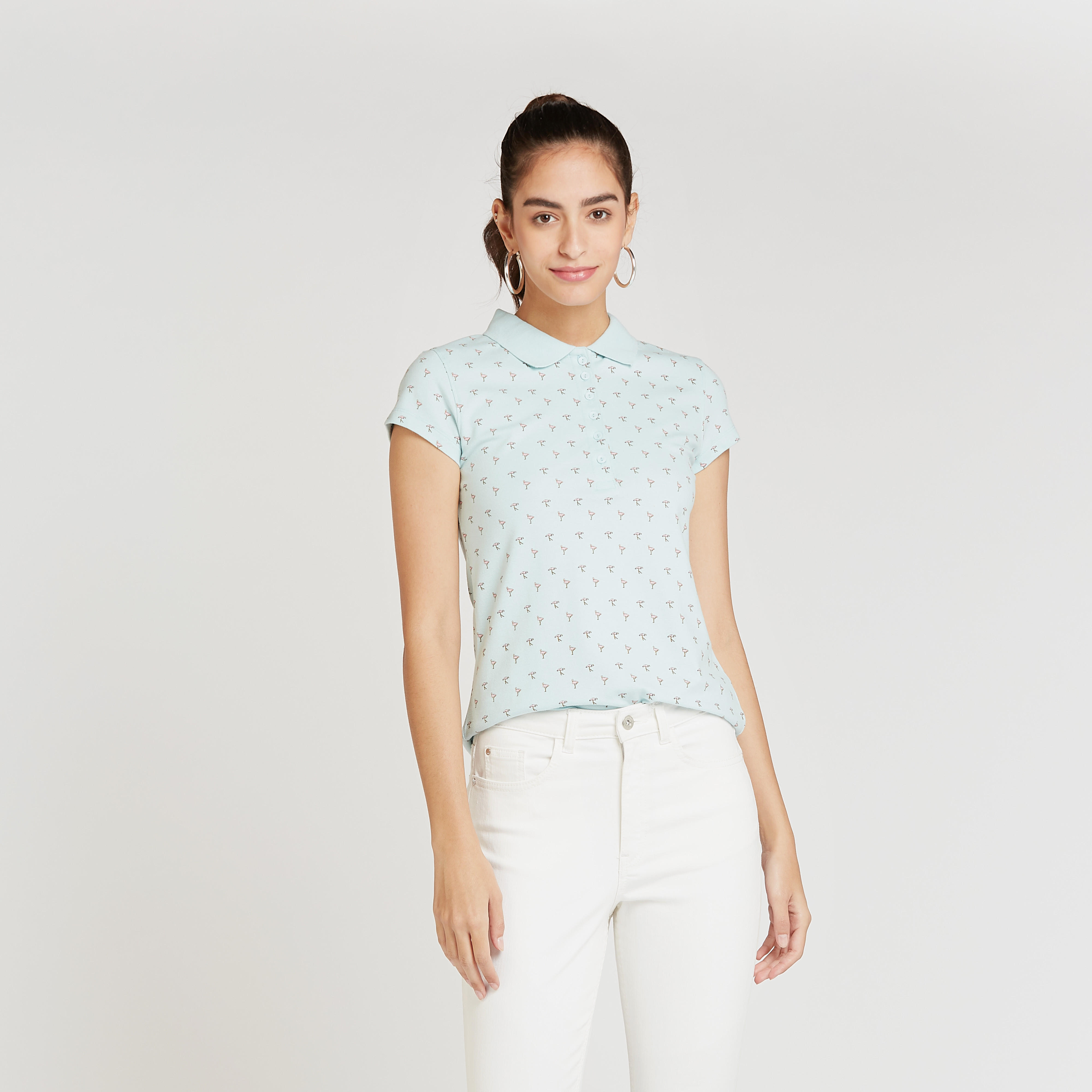 Printed Polo T-shirt with Cap Sleeves-women-clothing-tshirts-image-1