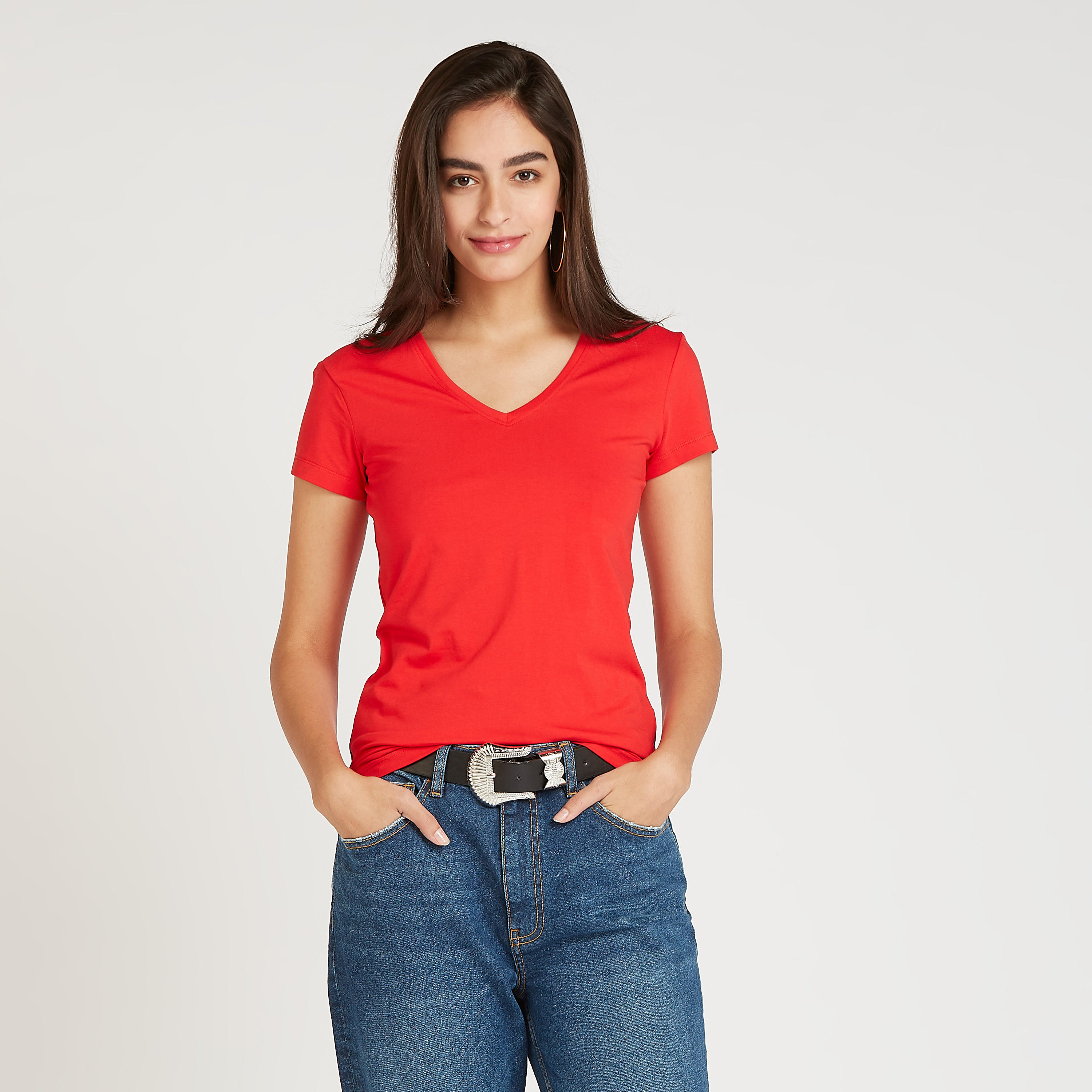 Solid T-shirt with V-neck and Short Sleeves-women-clothing-tshirts-image-1