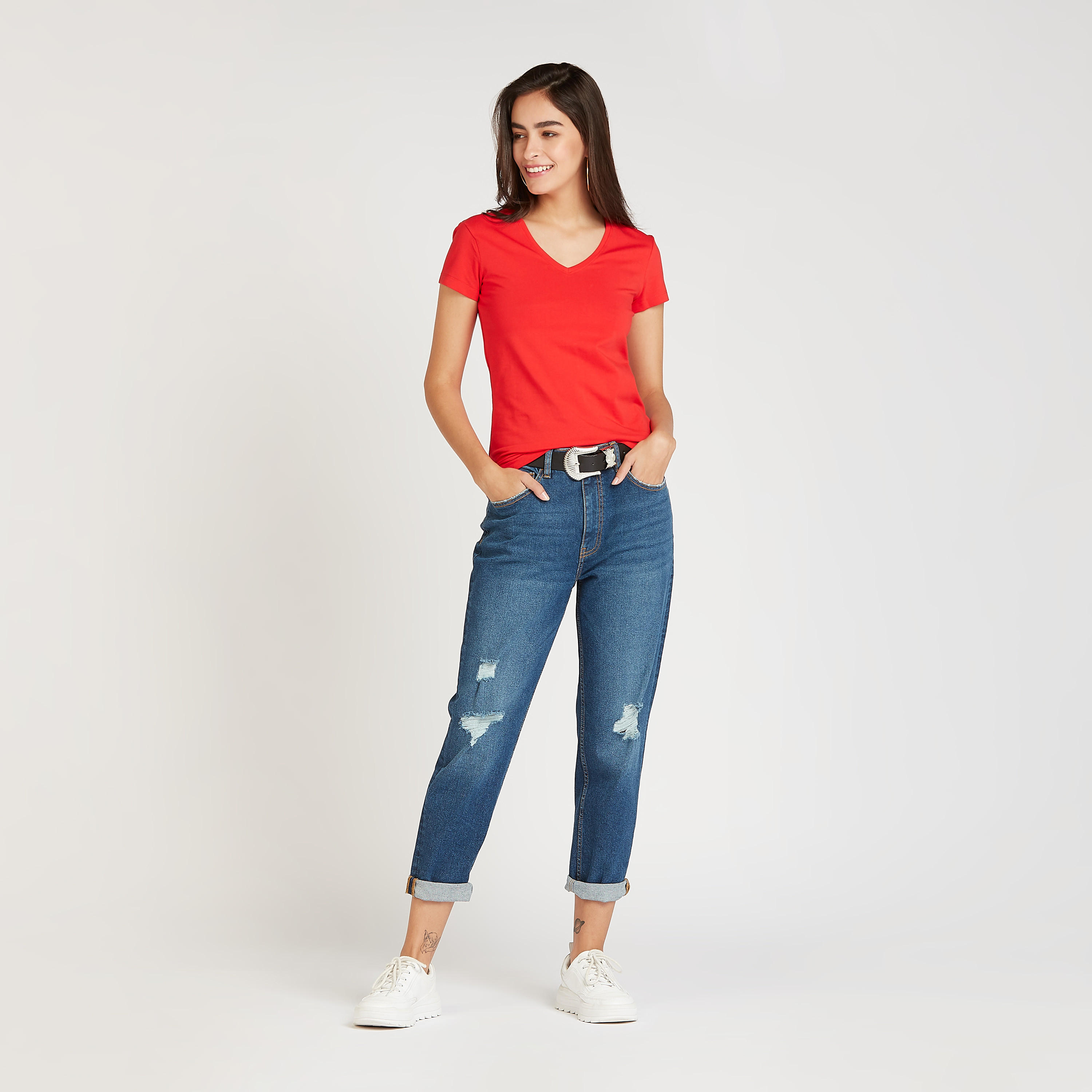 Solid T-shirt with V-neck and Short Sleeves-women-clothing-tshirts-image-2