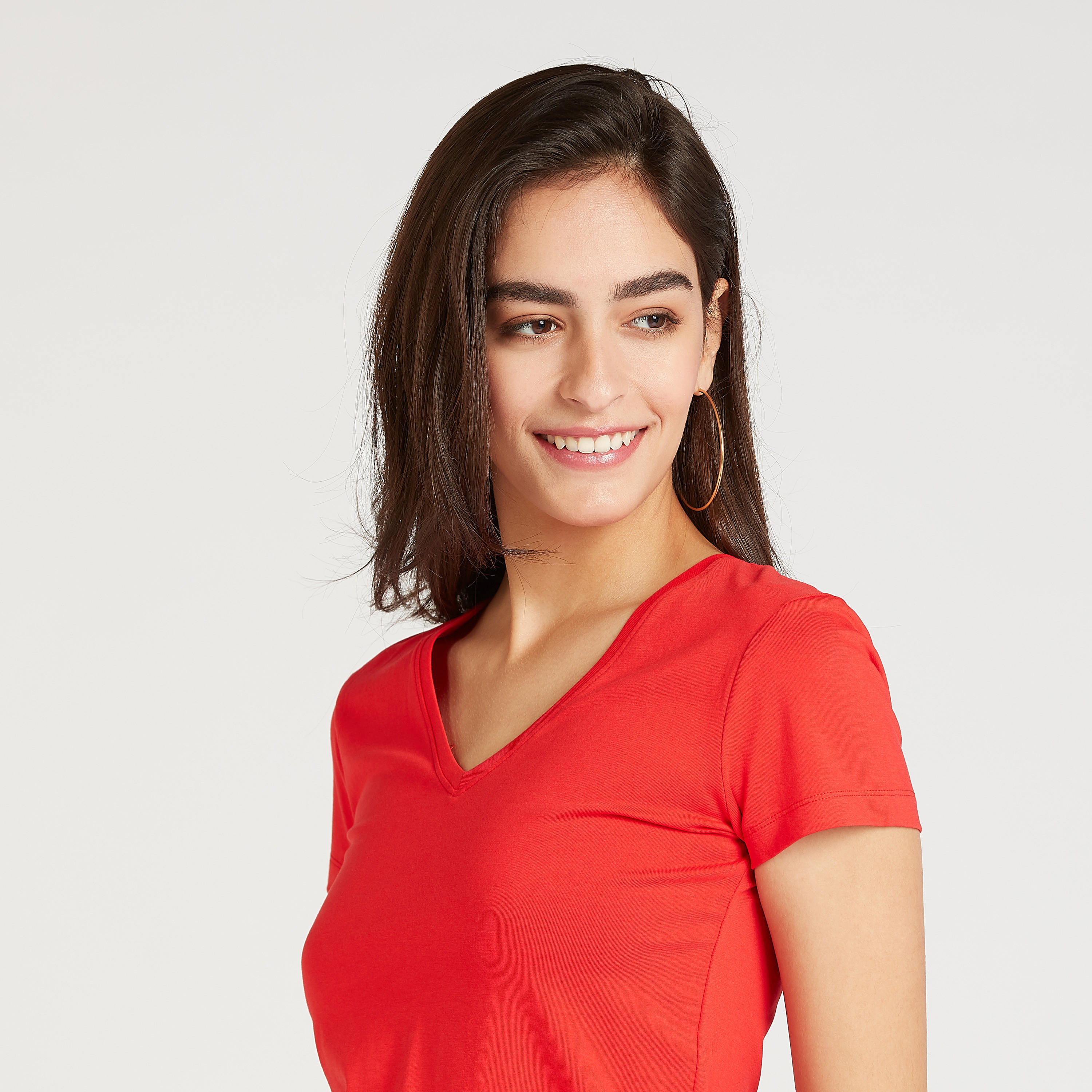 Solid T-shirt with V-neck and Short Sleeves-women-clothing-tshirts-image-3