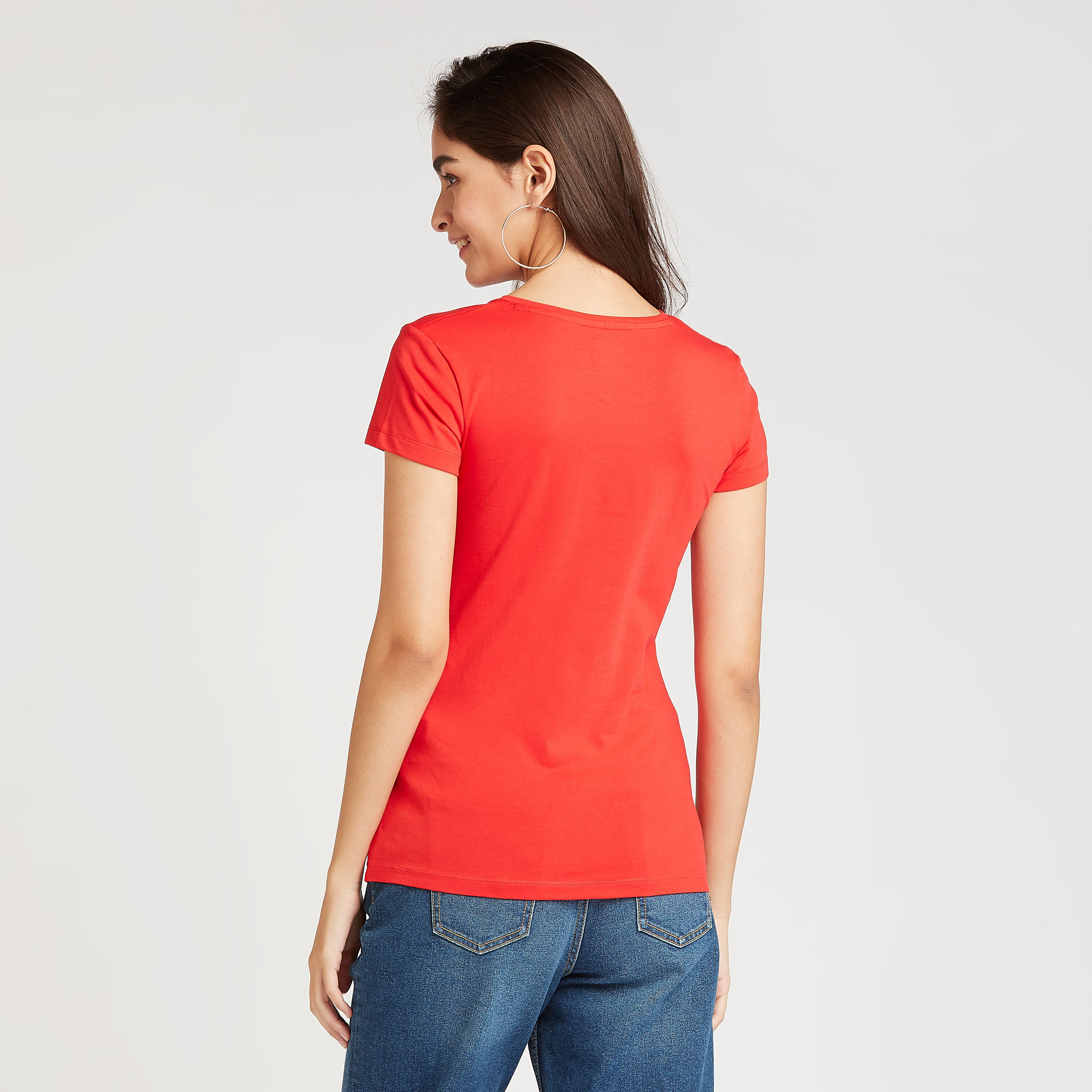 Solid T-shirt with V-neck and Short Sleeves-women-clothing-tshirts-image-4