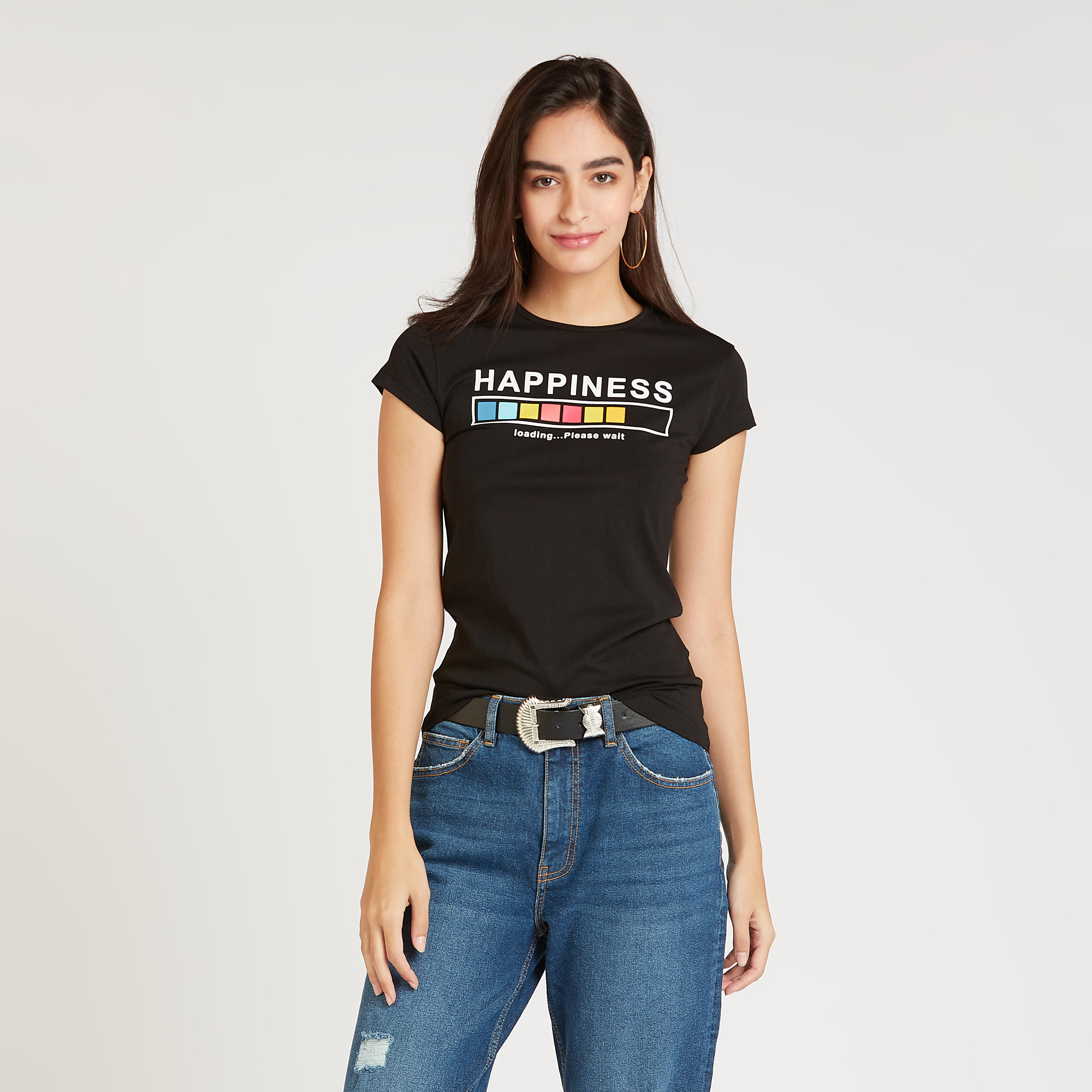 Sustainable Slim Fit Printed T-shirt with Crew Neck and Cap Sleeves-women-clothing-tshirts-image-1