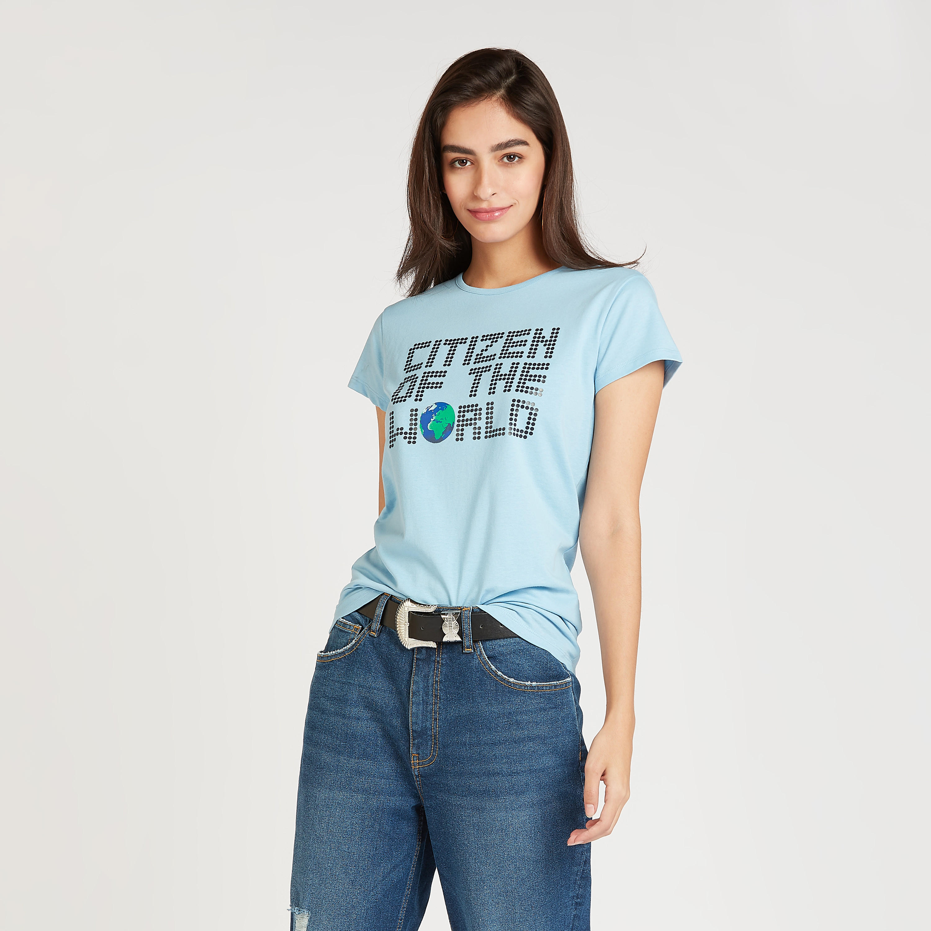 تيشيرت سليم  بياقة مستديرة وأكمام قصيرة وطبعات-women-clothing-tshirts-image-1