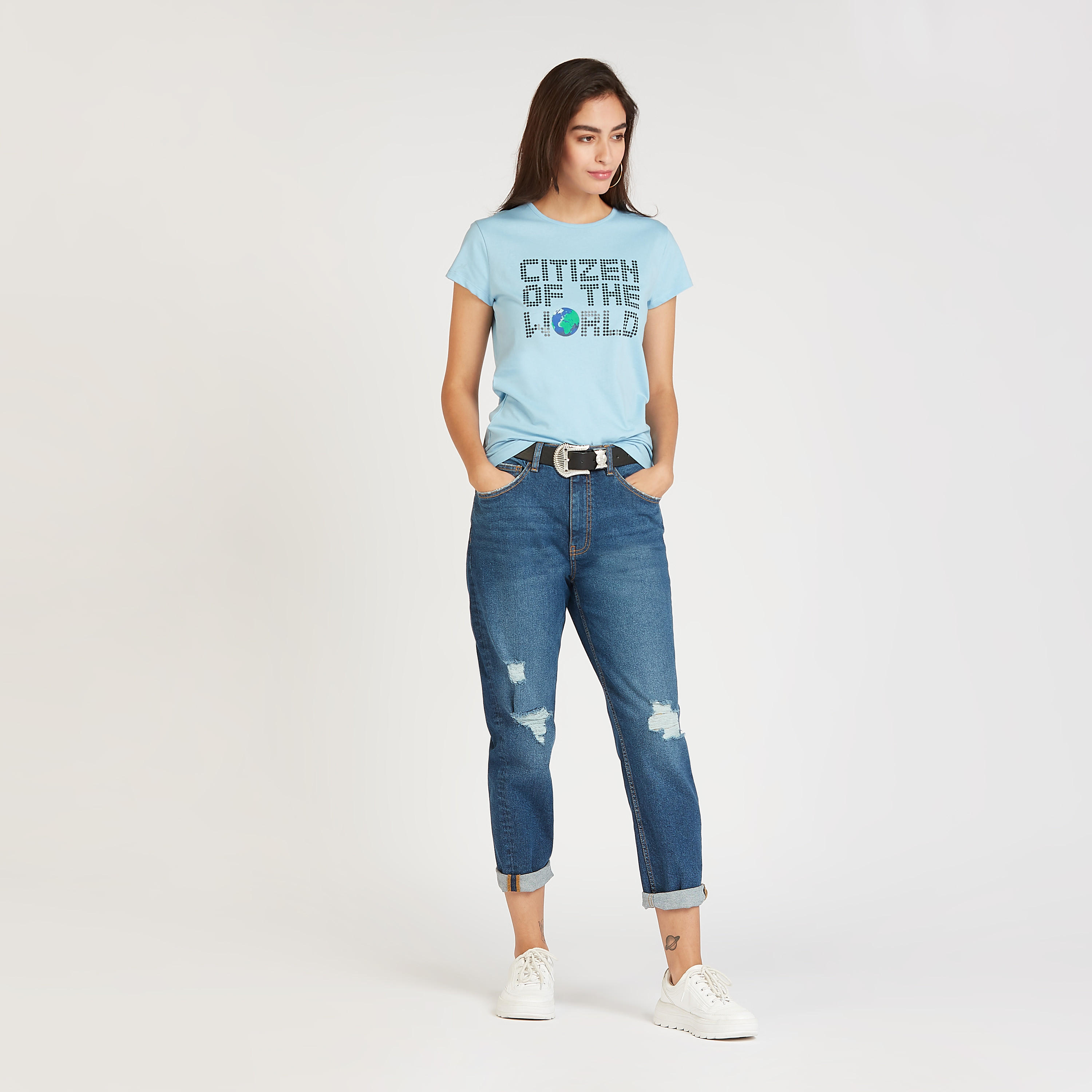 تيشيرت سليم  بياقة مستديرة وأكمام قصيرة وطبعات-women-clothing-tshirts-image-2