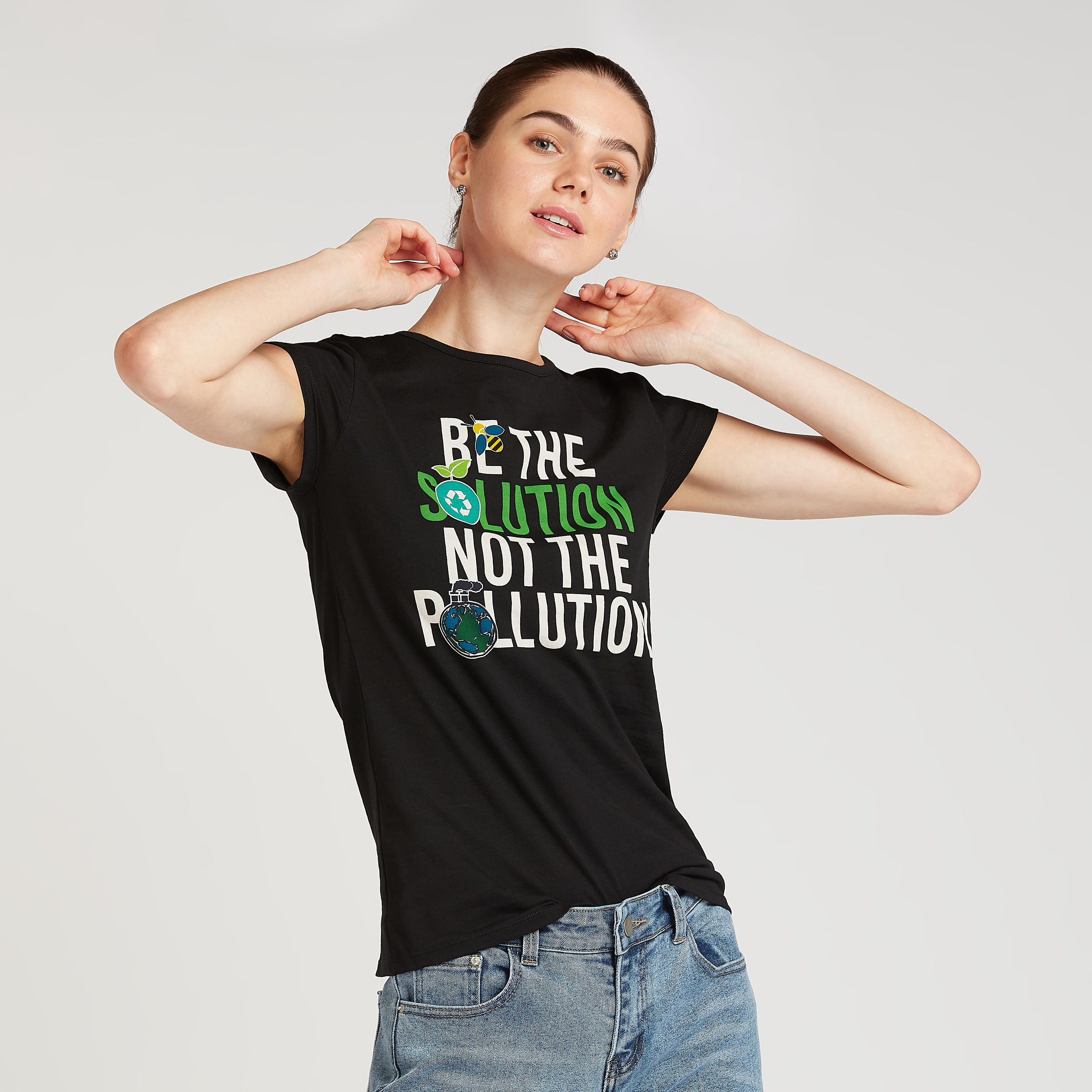 Slim Fit Printed T-shirt with Round Neck and Cap Sleeves-women-clothing-tshirts-image-1