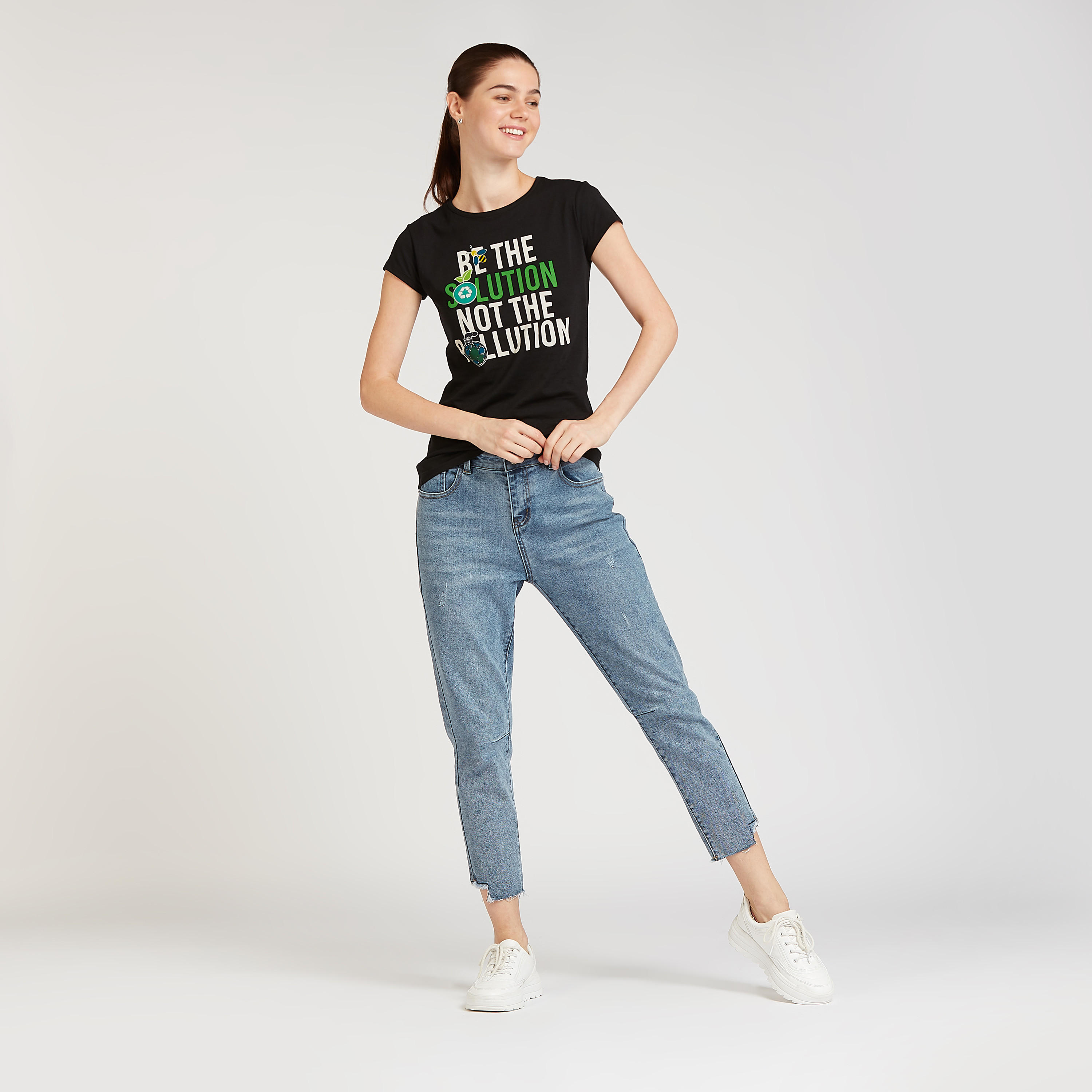 Slim Fit Printed T-shirt with Round Neck and Cap Sleeves-women-clothing-tshirts-image-2