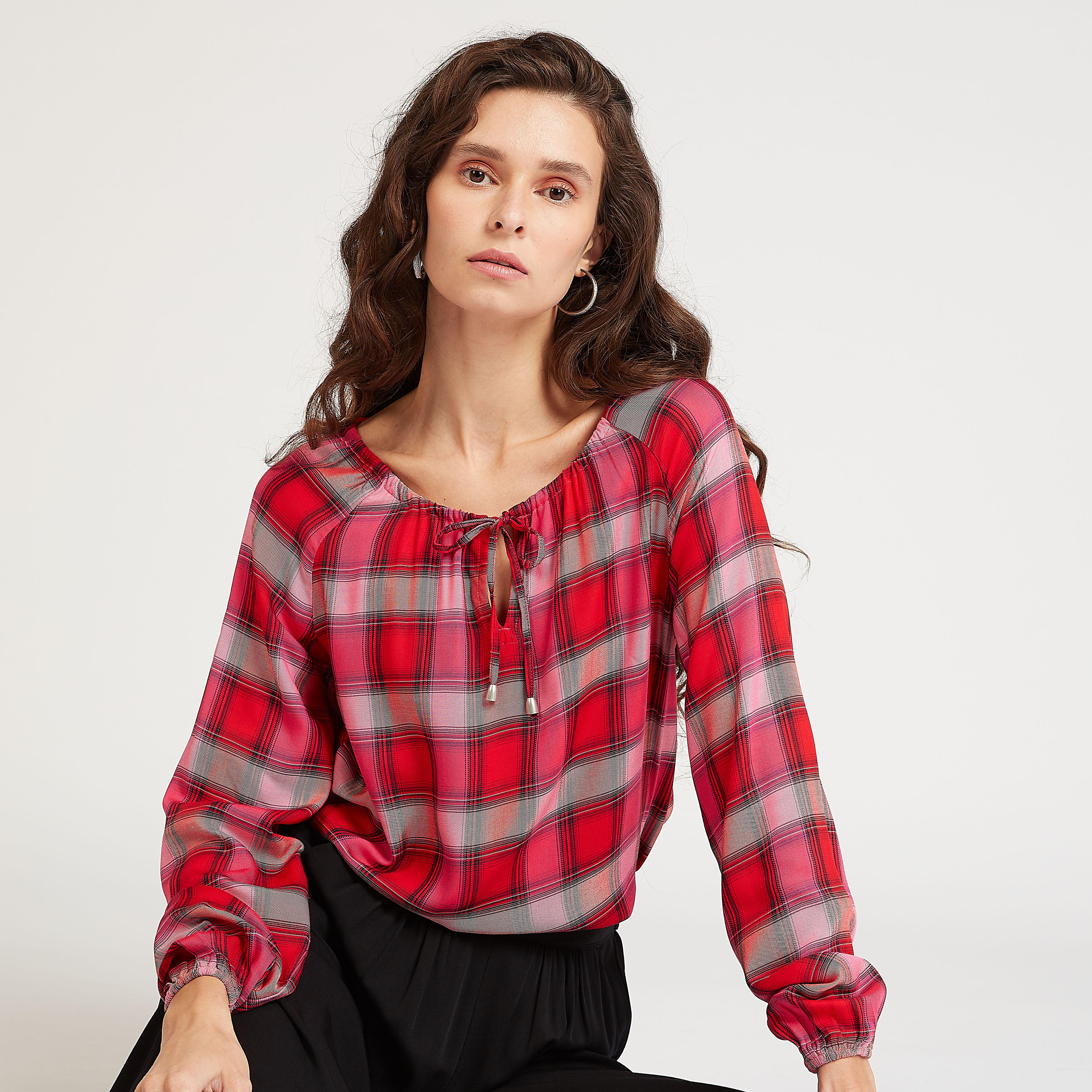 بلوزة مستدامة كاروهات بربطة عنق وأكمام بيشوب-women-clothing-shirtsandblouses-blouses-image-1