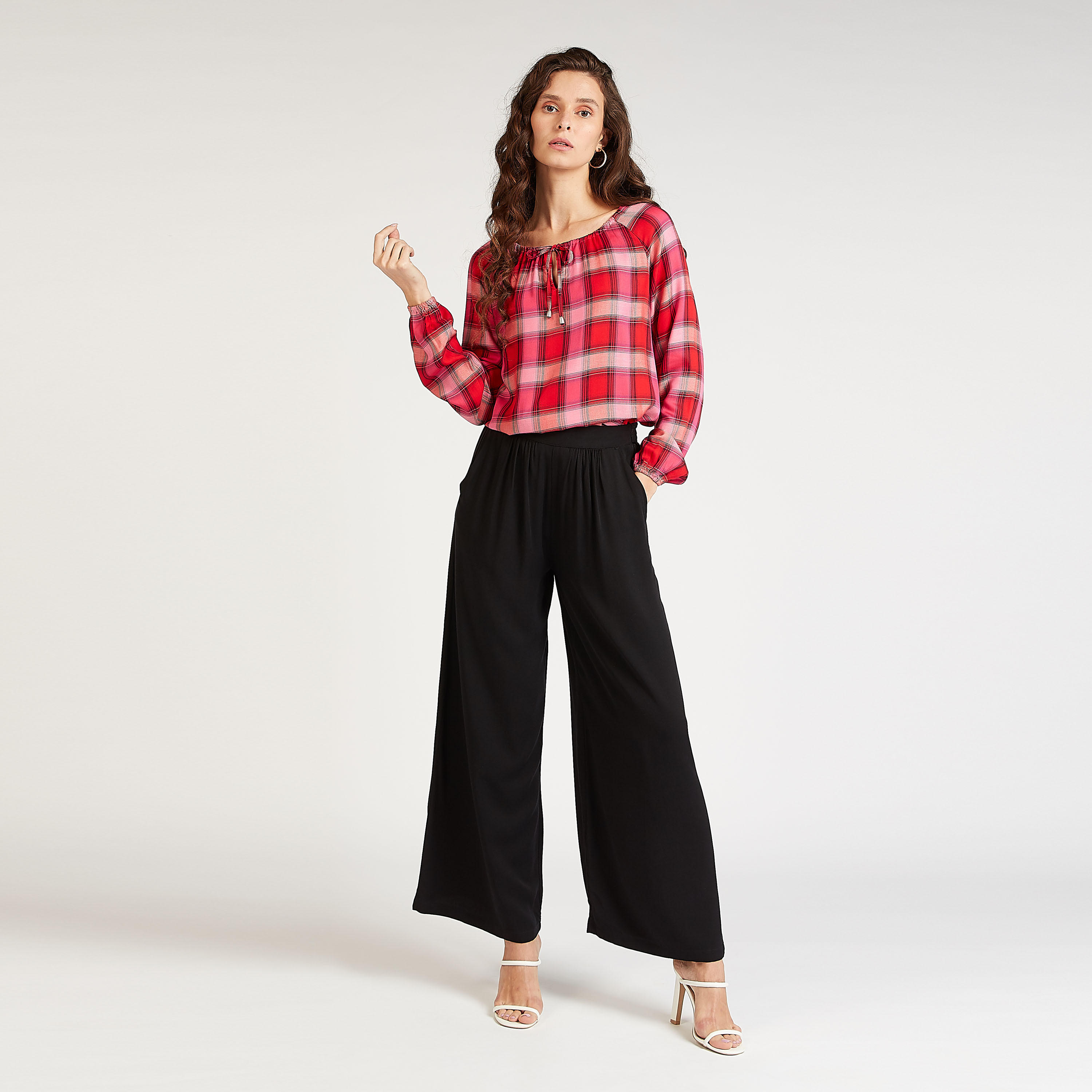بلوزة مستدامة كاروهات بربطة عنق وأكمام بيشوب-women-clothing-shirtsandblouses-blouses-image-2