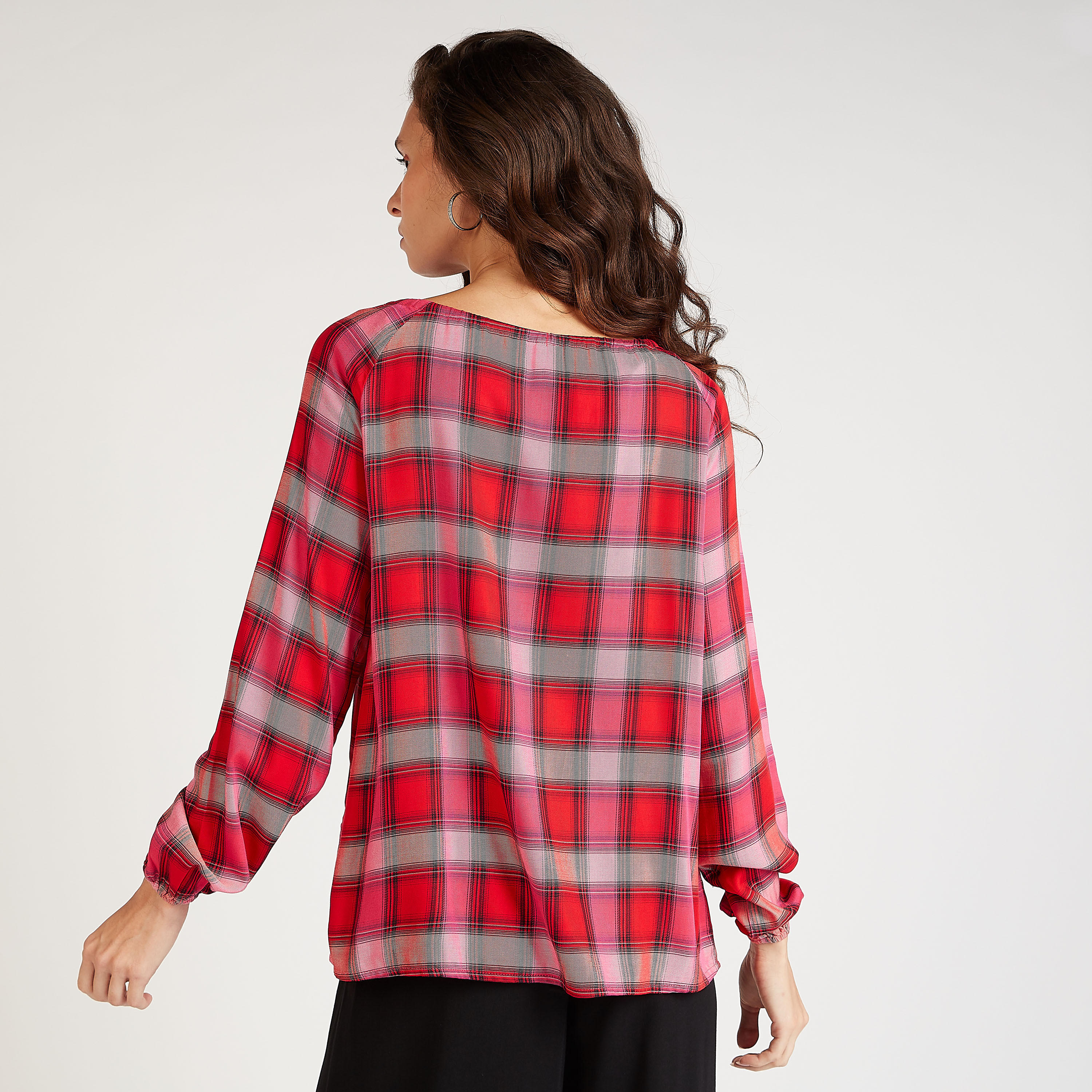 بلوزة مستدامة كاروهات بربطة عنق وأكمام بيشوب-women-clothing-shirtsandblouses-blouses-image-4
