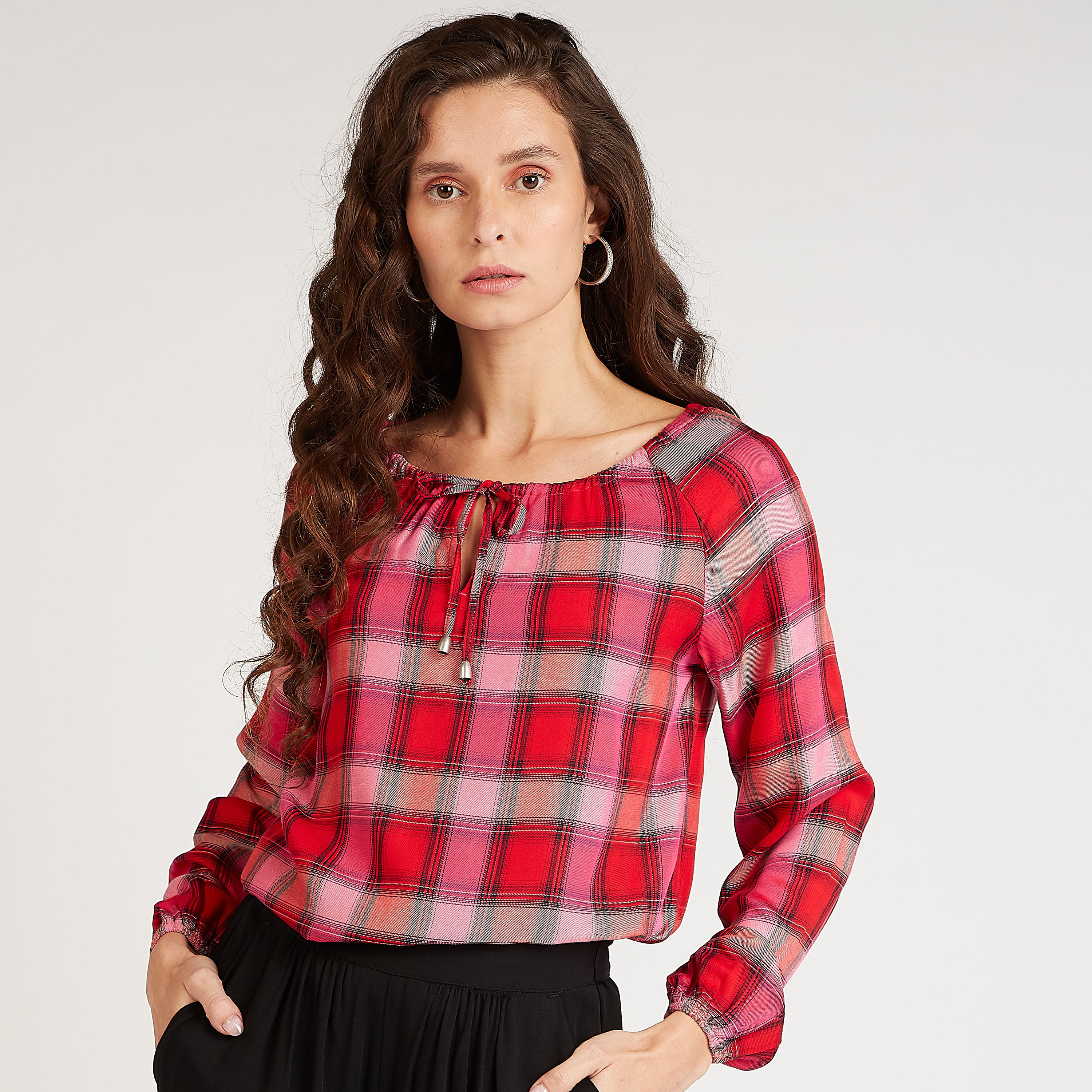 بلوزة مستدامة كاروهات بربطة عنق وأكمام بيشوب-women-clothing-shirtsandblouses-blouses-image-5