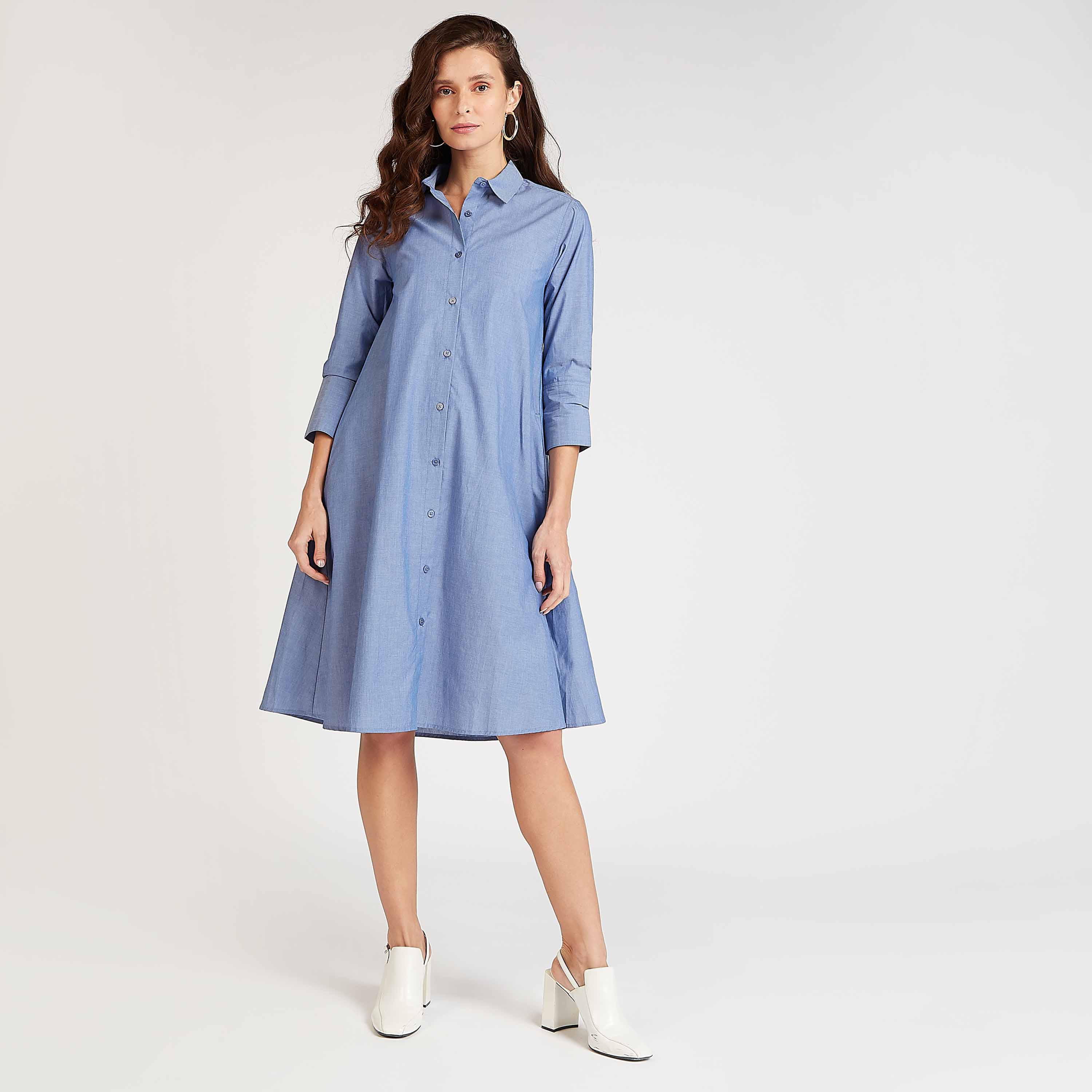 فستان قميص مستدام بقصة ميدي بارز الملمس وأكمام 3/4-women-clothing-dresses-image-1