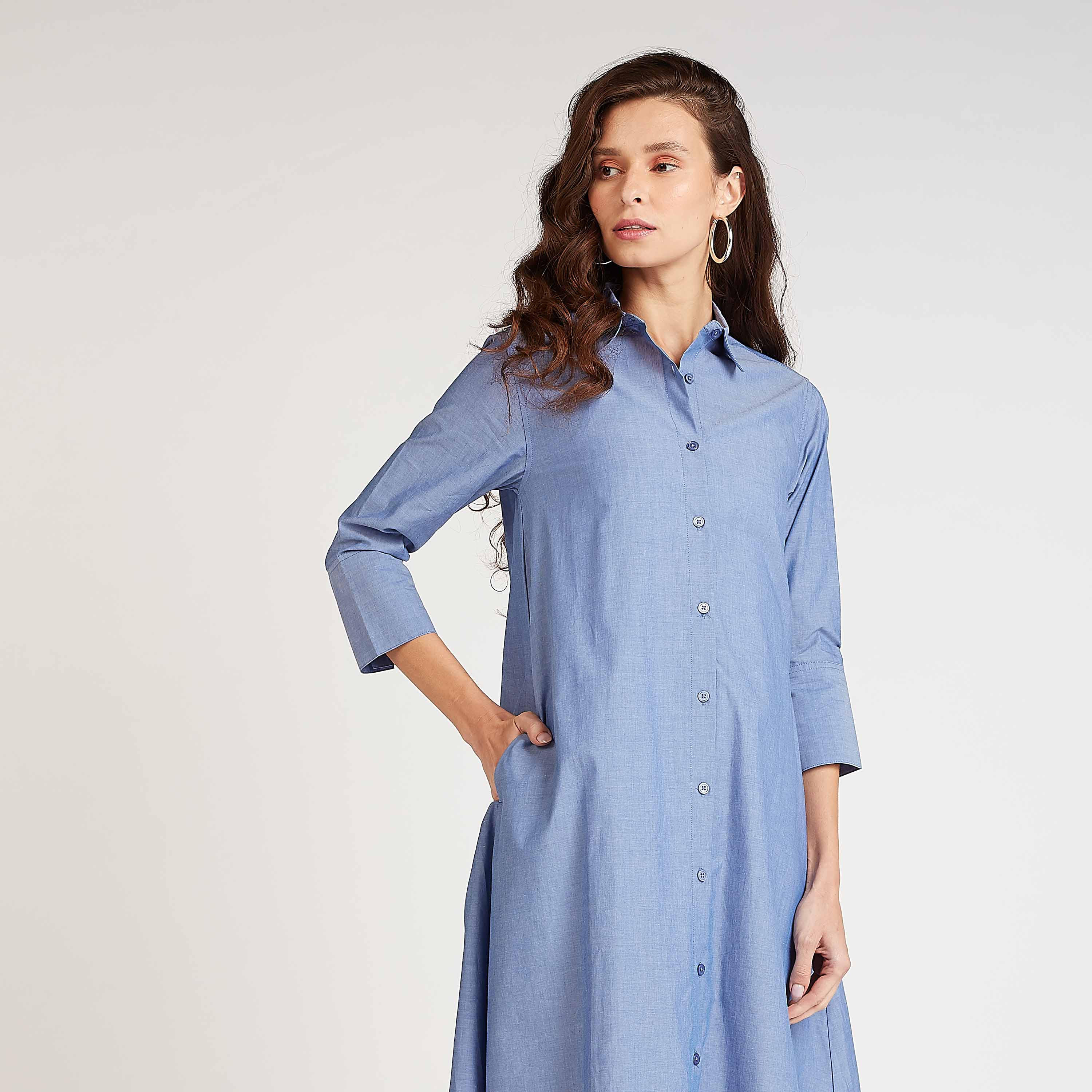فستان قميص مستدام بقصة ميدي بارز الملمس وأكمام 3/4-women-clothing-dresses-image-3
