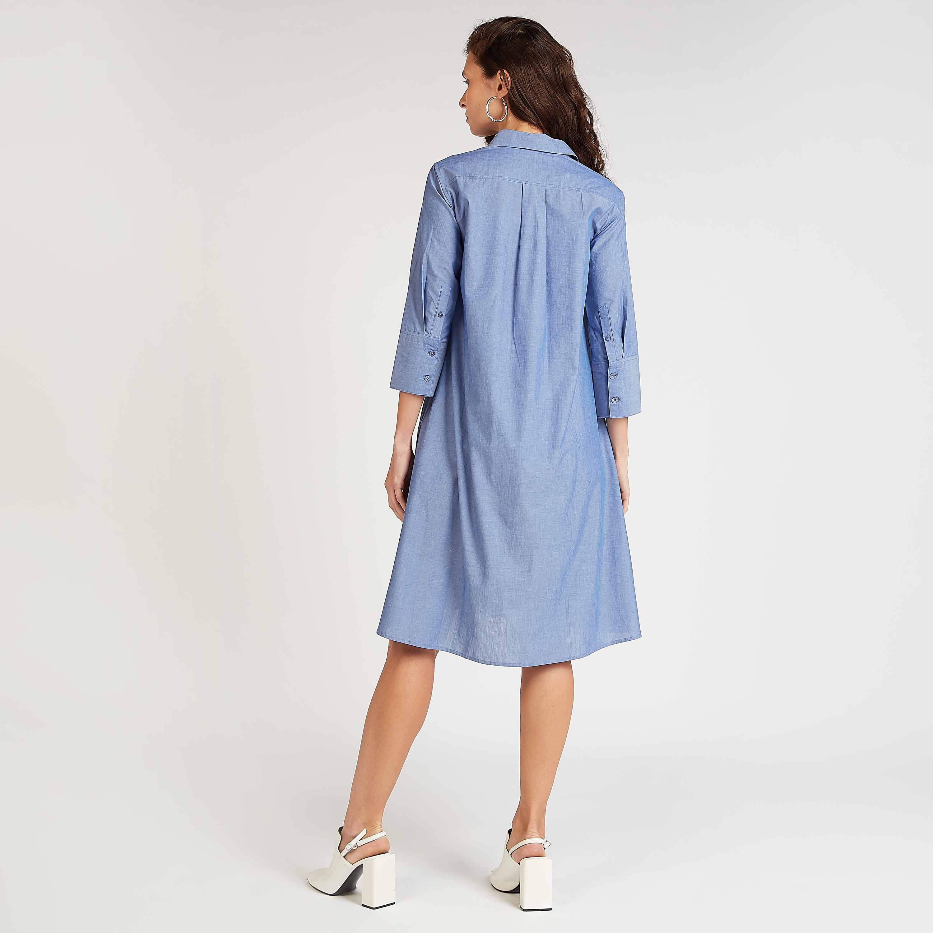 فستان قميص مستدام بقصة ميدي بارز الملمس وأكمام 3/4-women-clothing-dresses-image-4