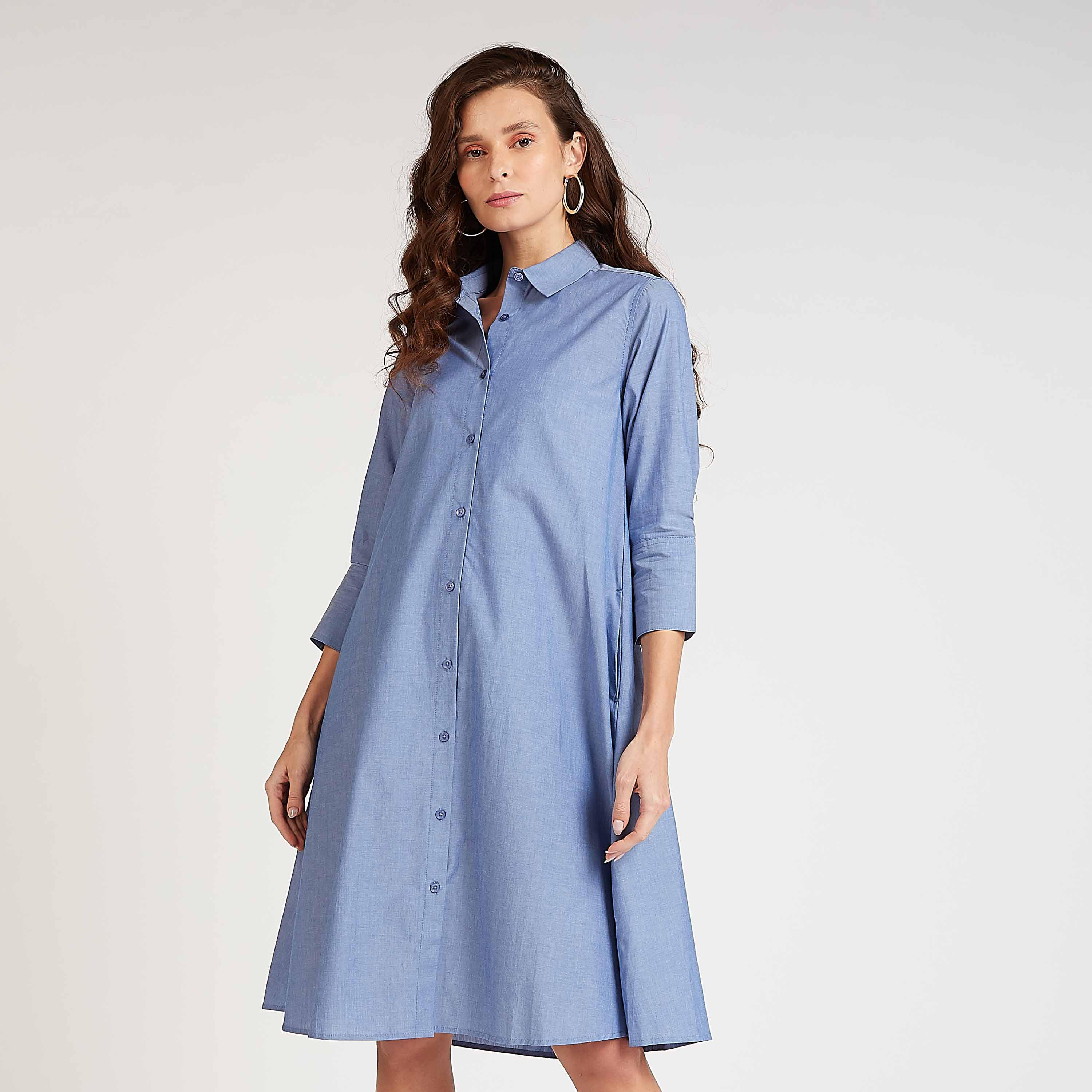 فستان قميص مستدام بقصة ميدي بارز الملمس وأكمام 3/4-women-clothing-dresses-image-5