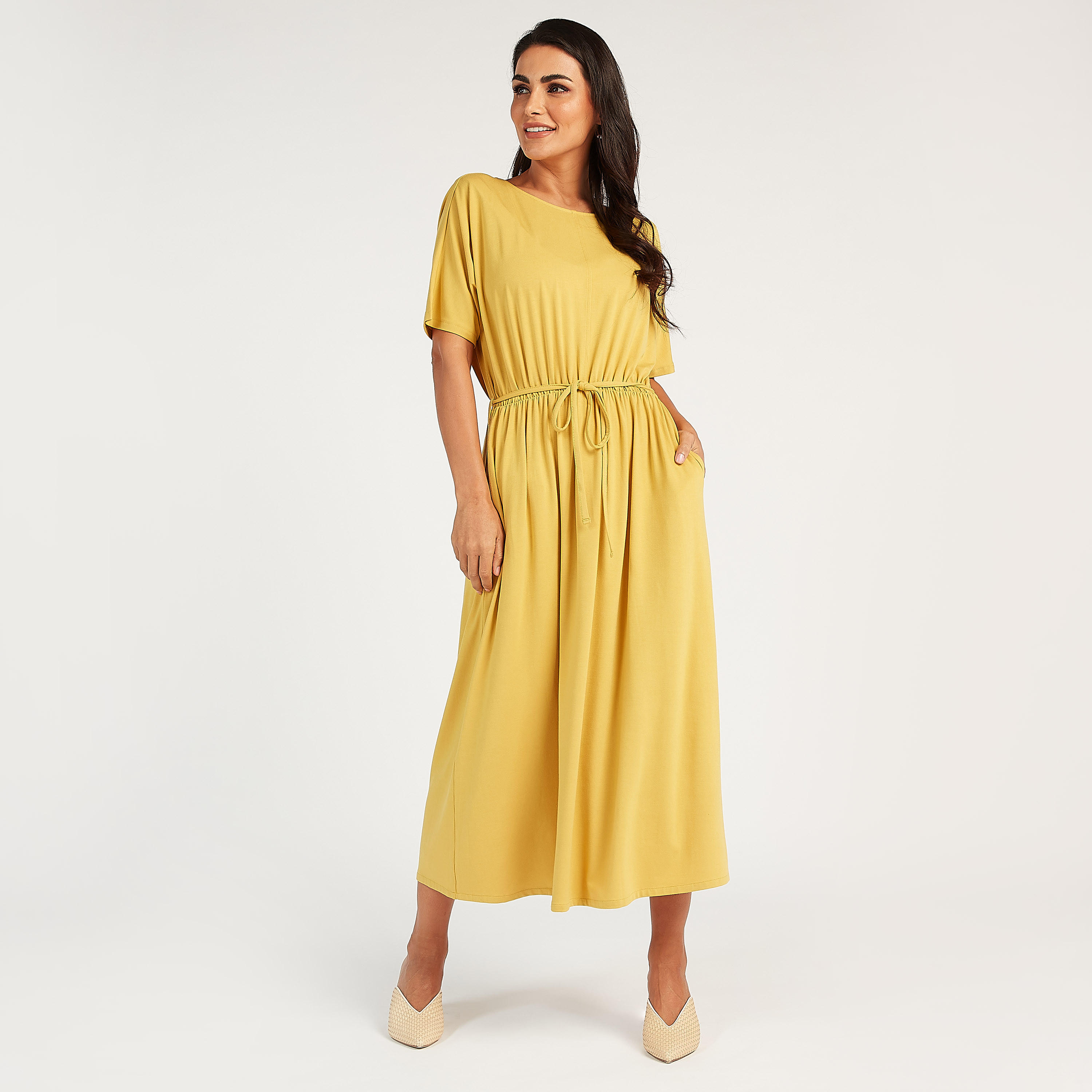 فستان سادة طويل بياقة مستديرة وأكمام قصيرة وأربطة-women-clothing-dresses-image-5