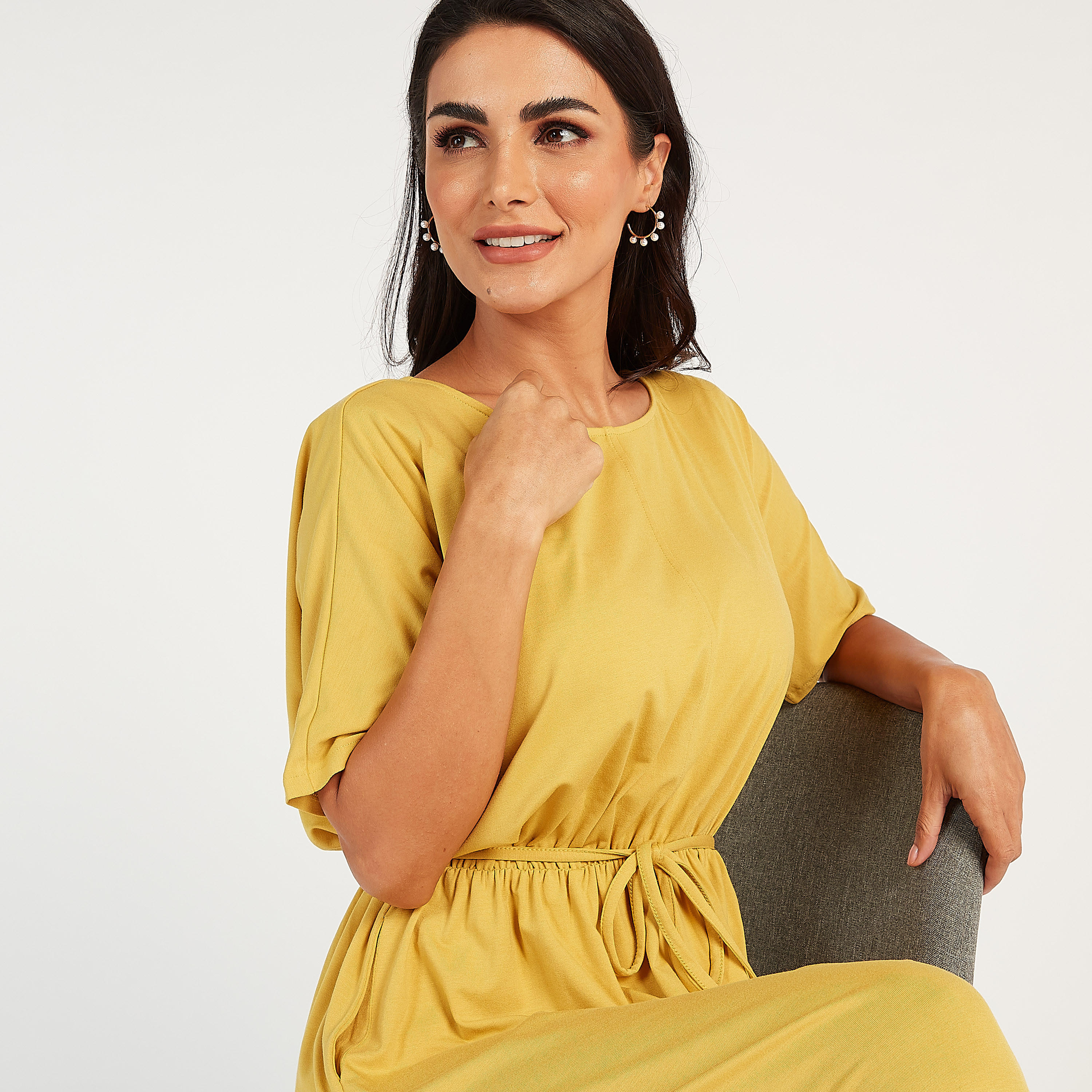 فستان سادة طويل بياقة مستديرة وأكمام قصيرة وأربطة-women-clothing-dresses-image-4