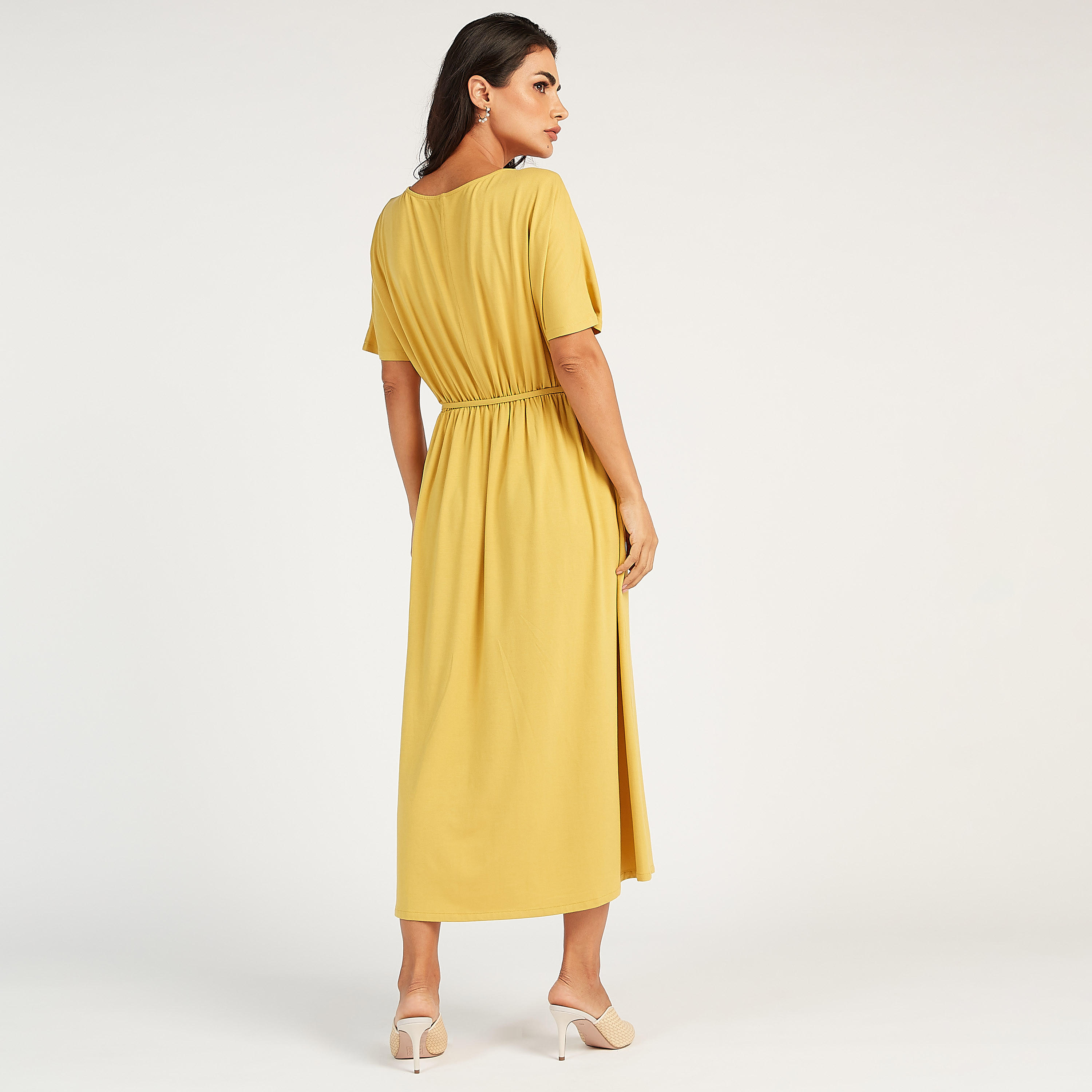 فستان سادة طويل بياقة مستديرة وأكمام قصيرة وأربطة-women-clothing-dresses-image-3