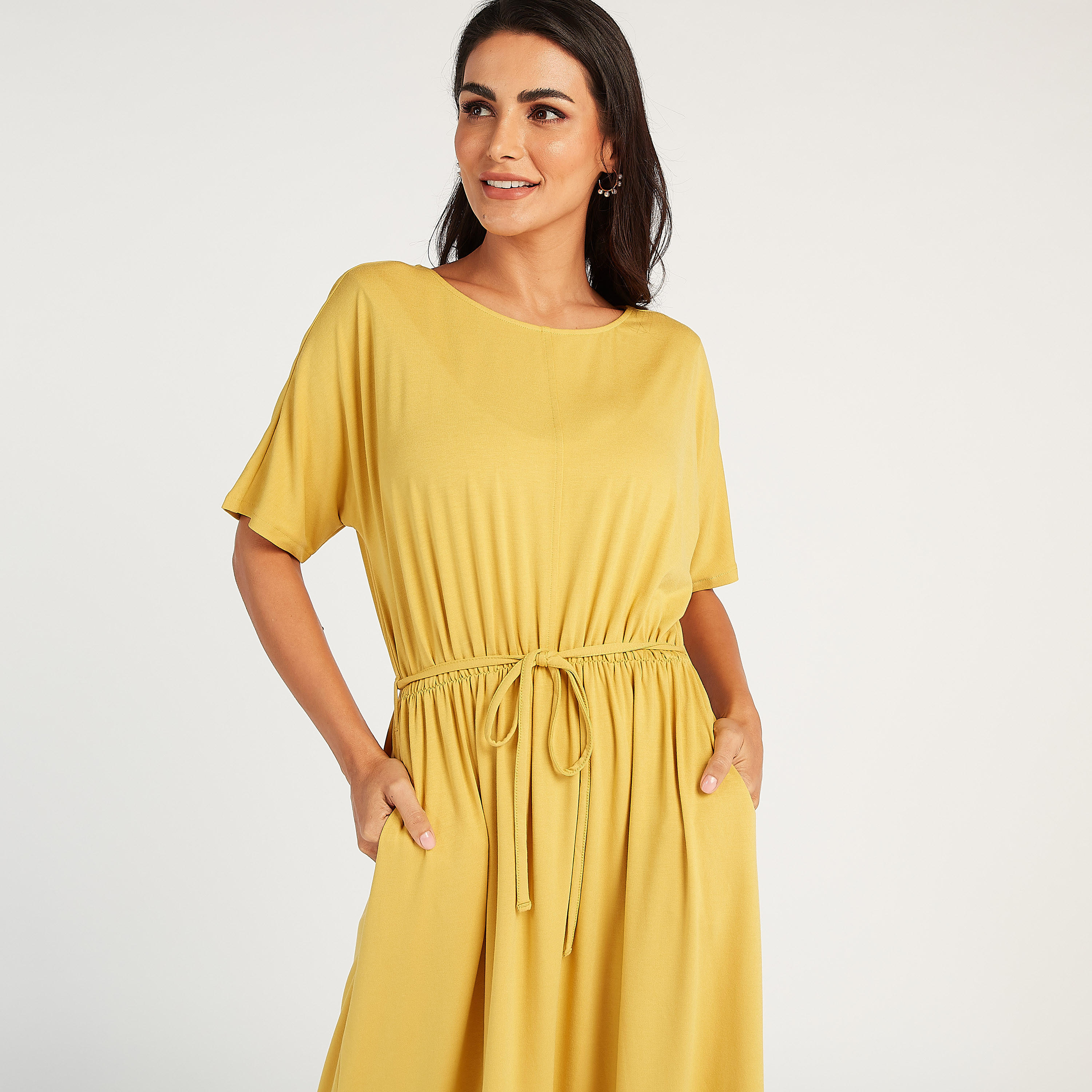 فستان سادة طويل بياقة مستديرة وأكمام قصيرة وأربطة-women-clothing-dresses-image-2